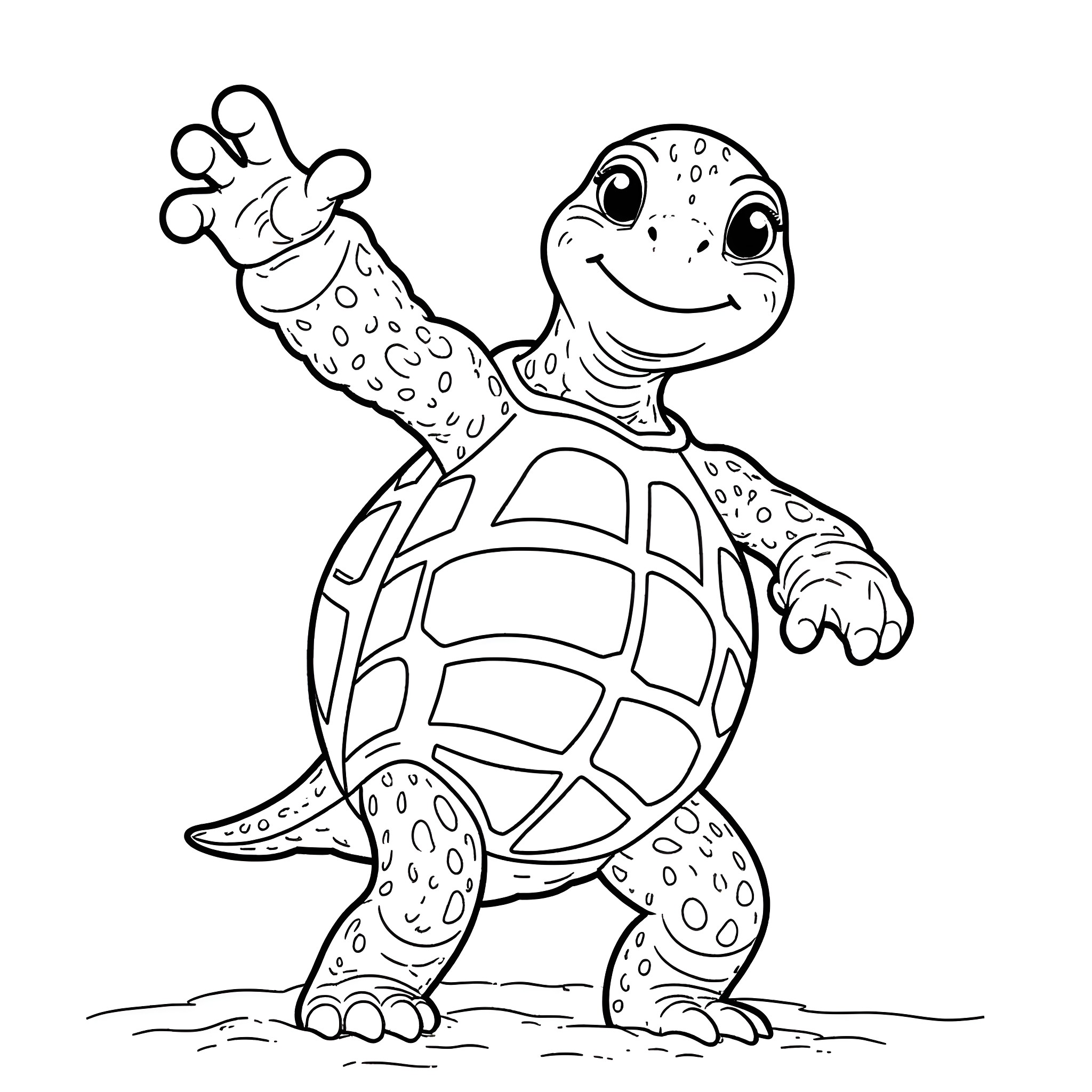 Turtle waving happily Coloring Page (free black-and-white line drawing printable PDF for all, from beginners to advanced learners, including children, teens, adults, and seniors)