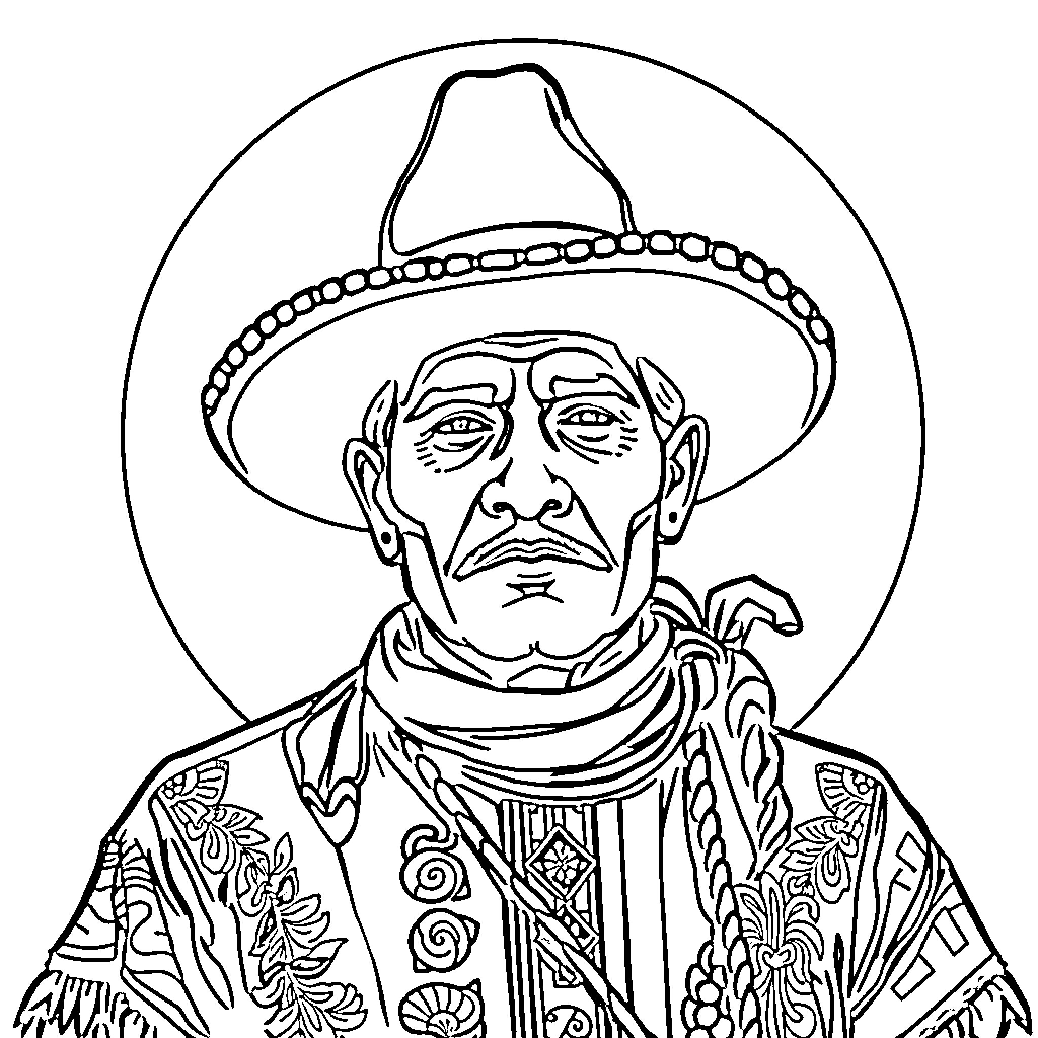 Charro in traditional Mexican attire and hat Coloring Page (free black-and-white line drawing printable PDF for all, from beginners to advanced learners, including children, teens, adults, and seniors)