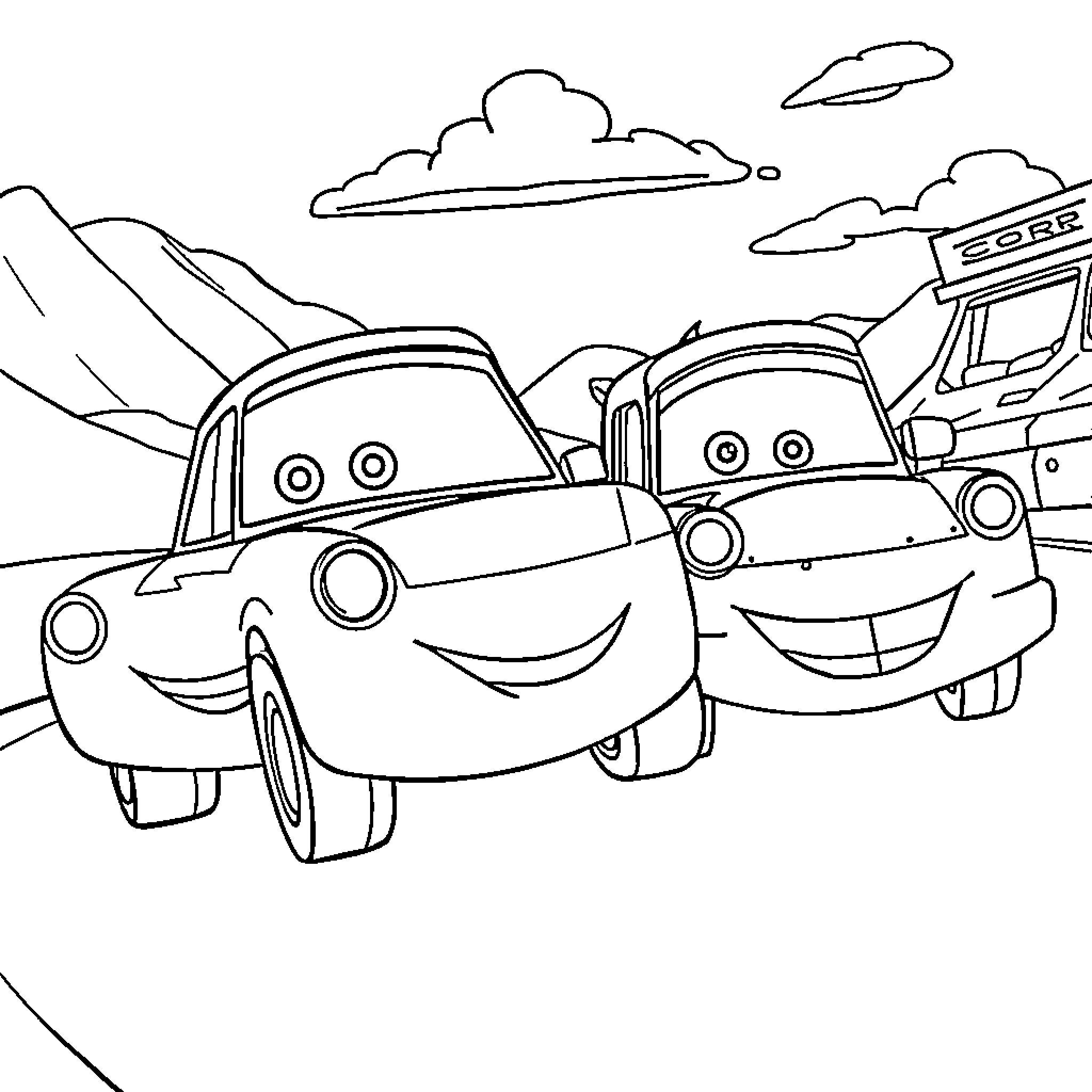 Car friends enjoying a scenic drive Coloring Page (free black-and-white line drawing printable PDF for all, from beginners to advanced learners, including children, teens, adults, and seniors)