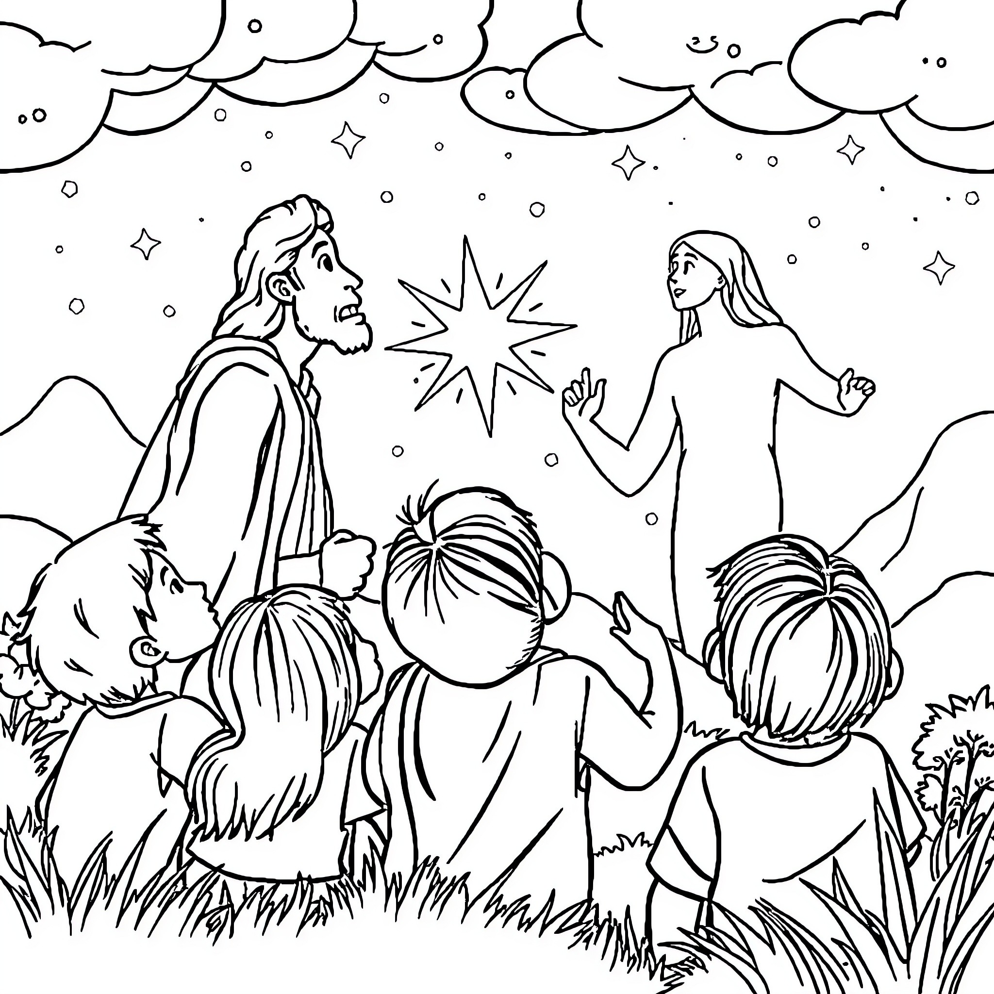 God's Heavenly Encounter with His Followers Coloring Page (free black-and-white line drawing printable PDF for all, from beginners to advanced learners, including children, teens, adults, and seniors)