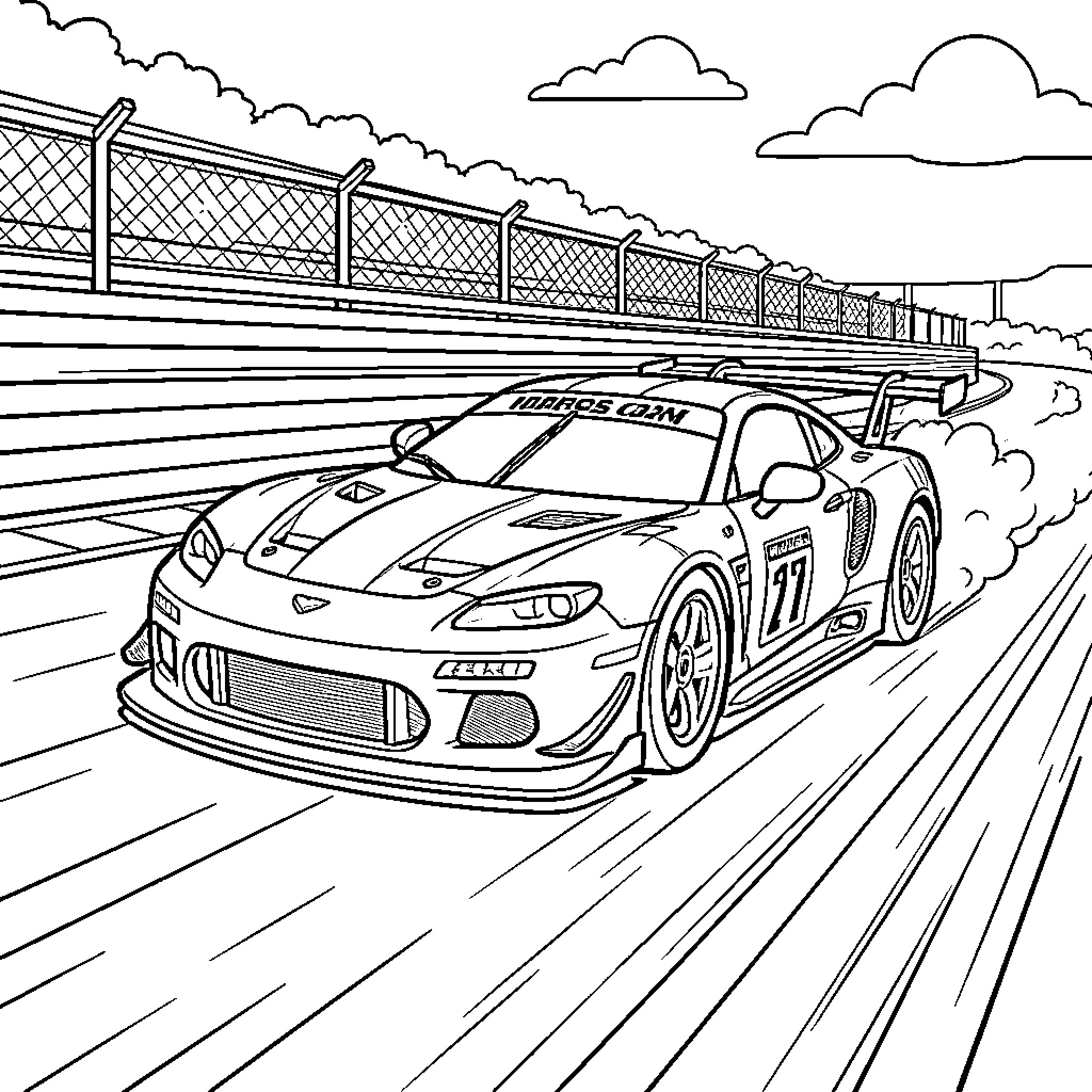 Racing Car speeding fast on a professional track Coloring Page (free black-and-white line drawing printable PDF for all, from beginners to advanced learners, including children, teens, adults, and seniors)