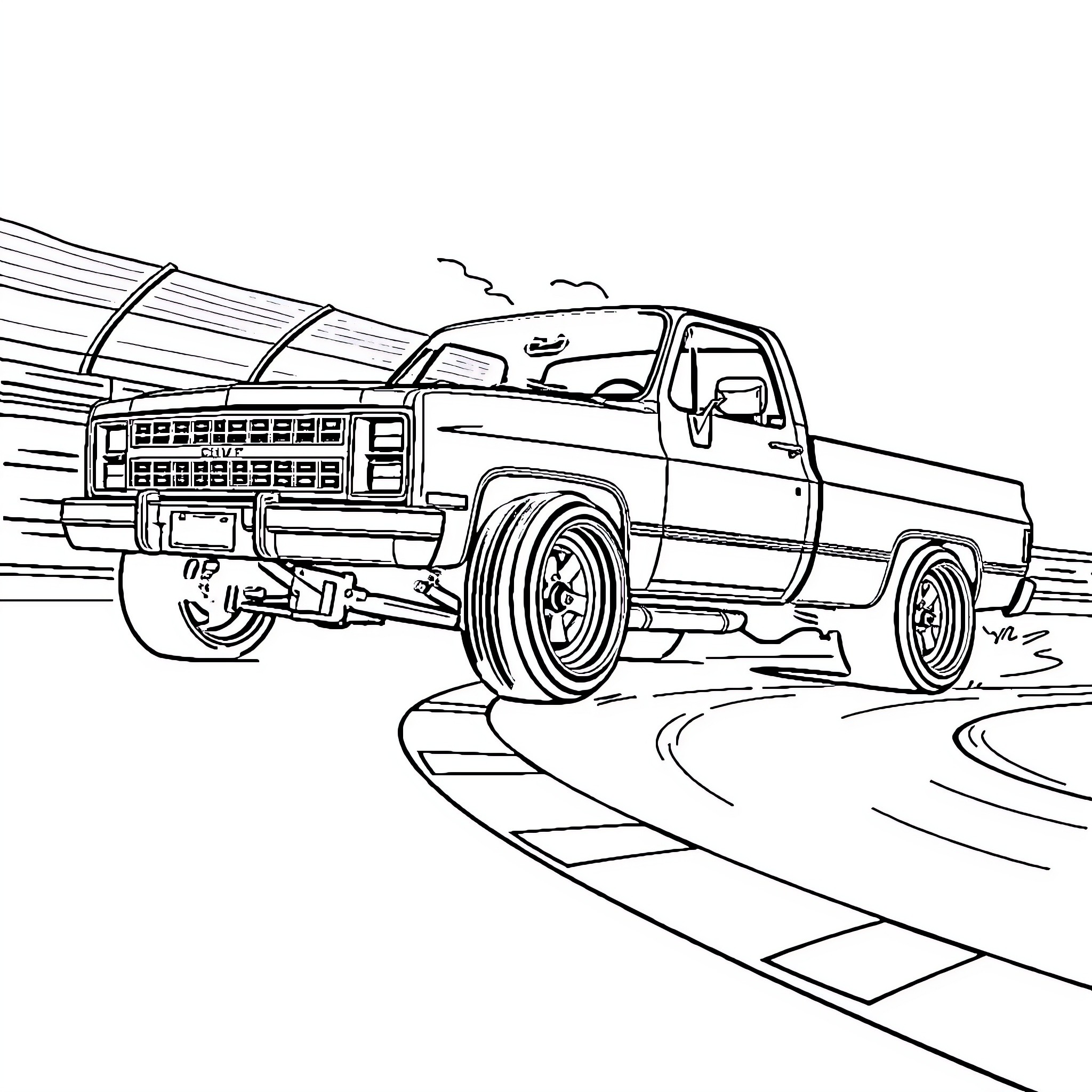 Chevy truck speeding on a winding road Coloring Page (free black-and-white line drawing printable PDF for all, from beginners to advanced learners, including children, teens, adults, and seniors)
