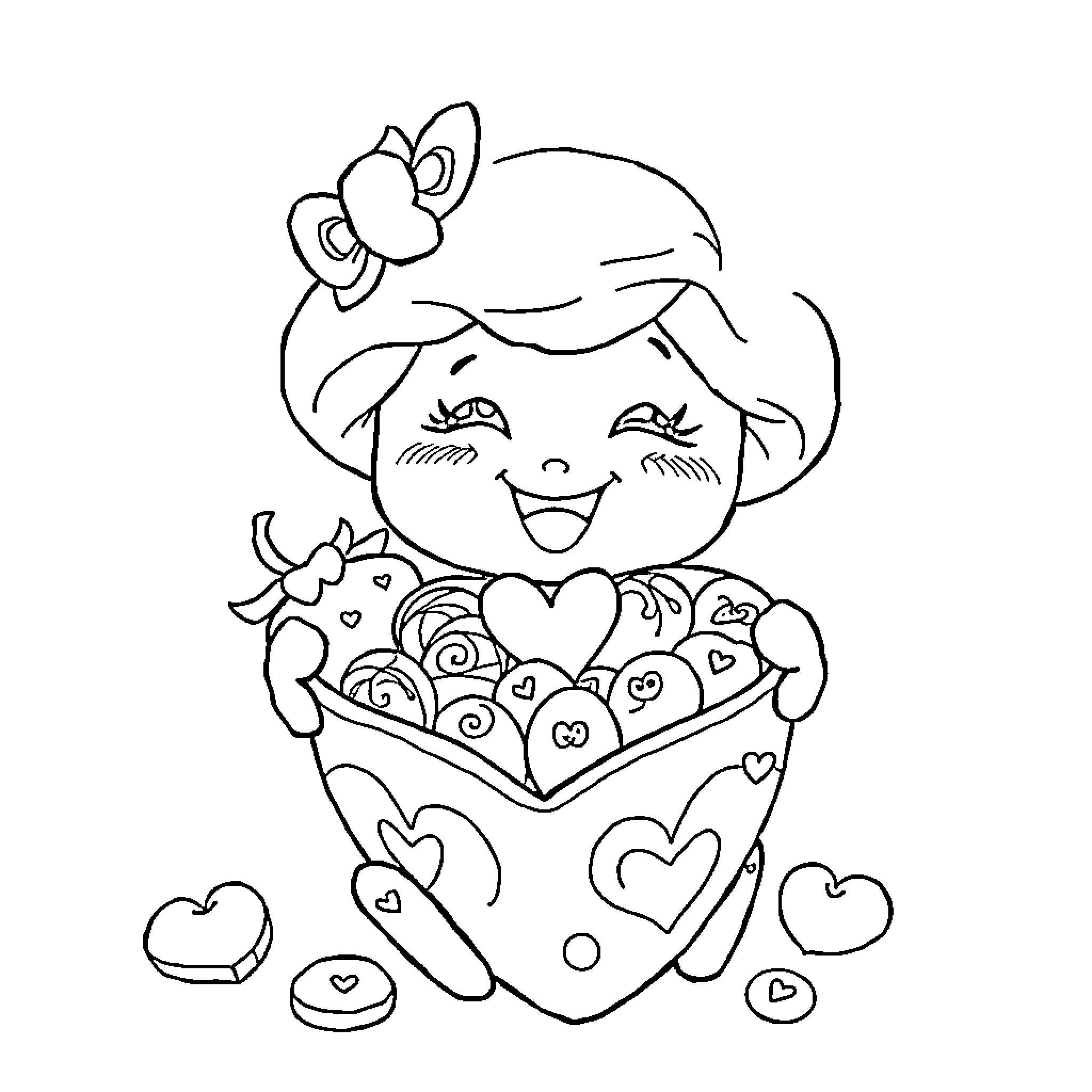 Strawberry Shortcake sharing heart-shaped treats Coloring Page (free black-and-white line drawing printable PDF for all, from beginners to advanced learners, including children, teens, adults, and seniors)