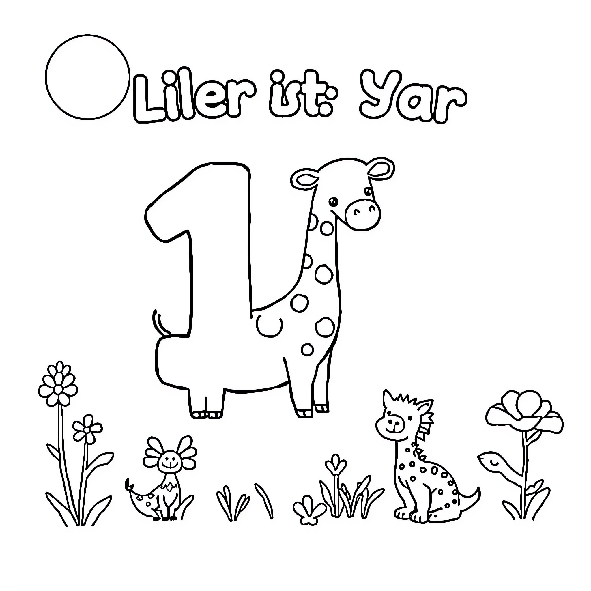 Animal celebrating first birthday with flowers Coloring Page (free black-and-white line drawing printable PDF for all, from beginners to advanced learners, including children, teens, adults, and seniors)