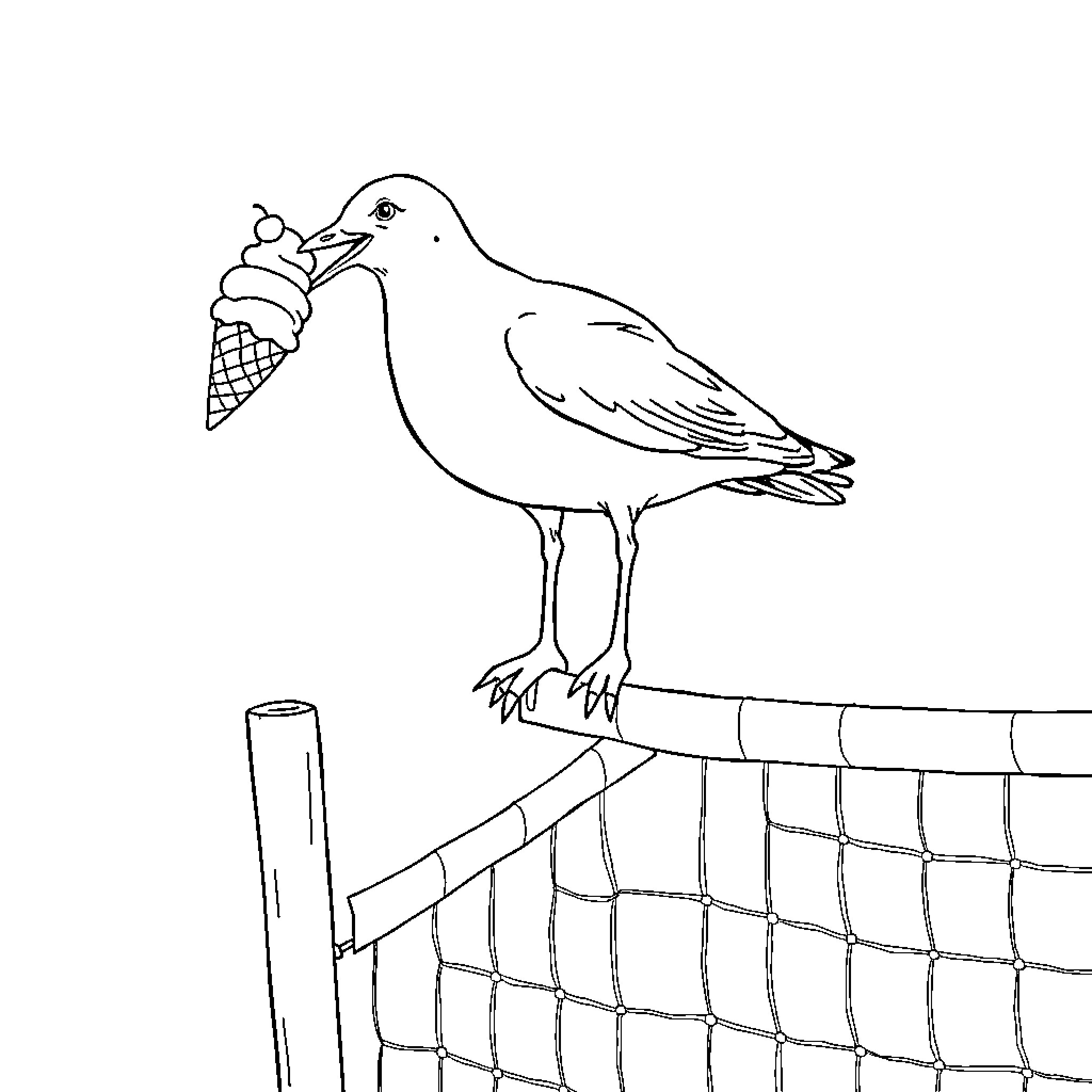 Seagull perched on a railing with an ice cream cone Coloring Page (free black-and-white line drawing printable PDF for all, from beginners to advanced learners, including children, teens, adults, and seniors)