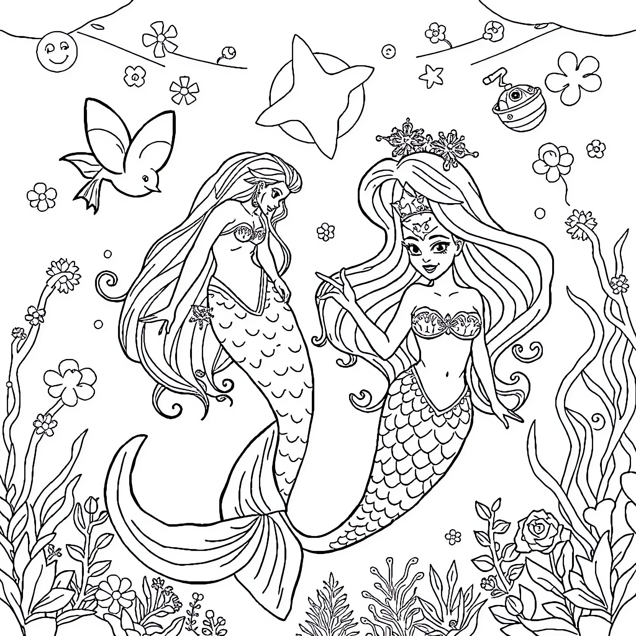 Mermaid friends exploring the underwater world Coloring Page (free black-and-white line drawing printable PDF for all, from beginners to advanced learners, including children, teens, adults, and seniors)