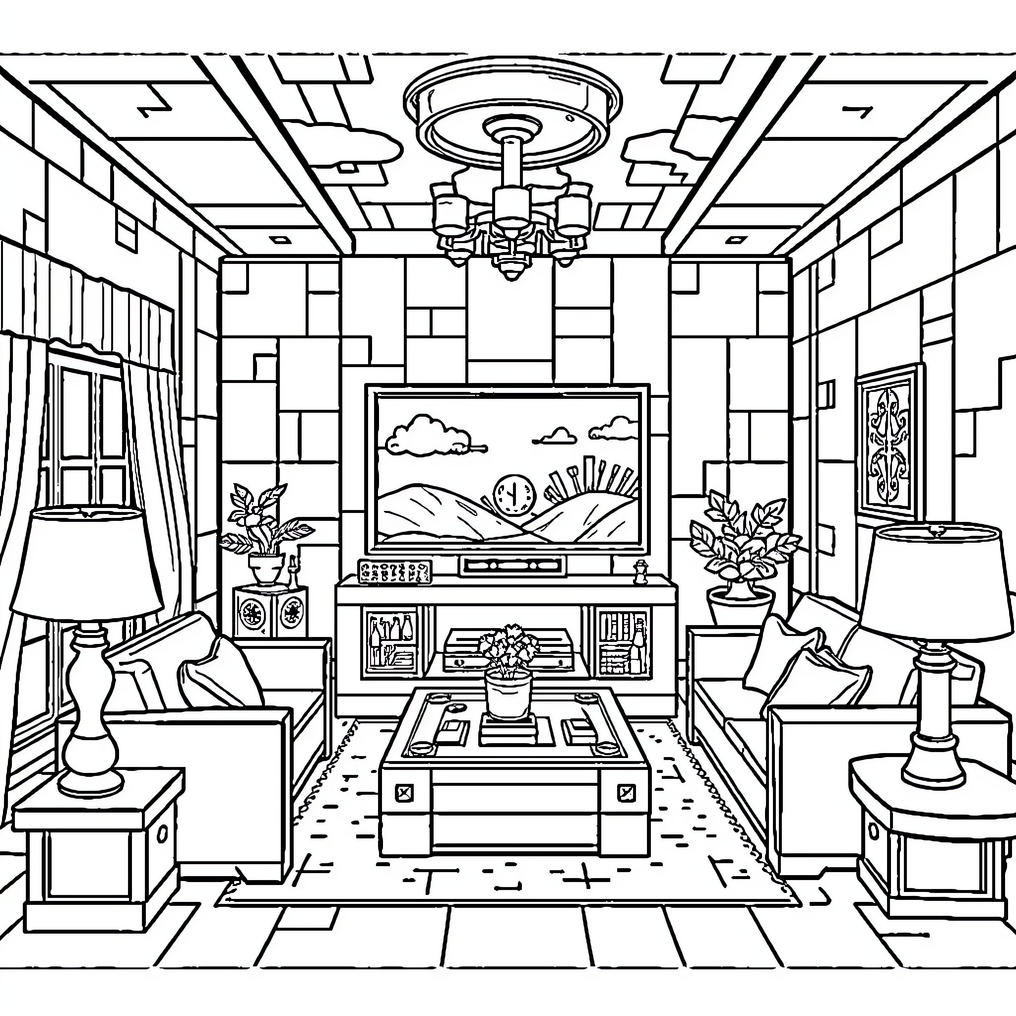 Minecraft room with cozy furniture and nature scenery Coloring Page (free black-and-white line drawing printable PDF for all, from beginners to advanced learners, including children, teens, adults, and seniors)