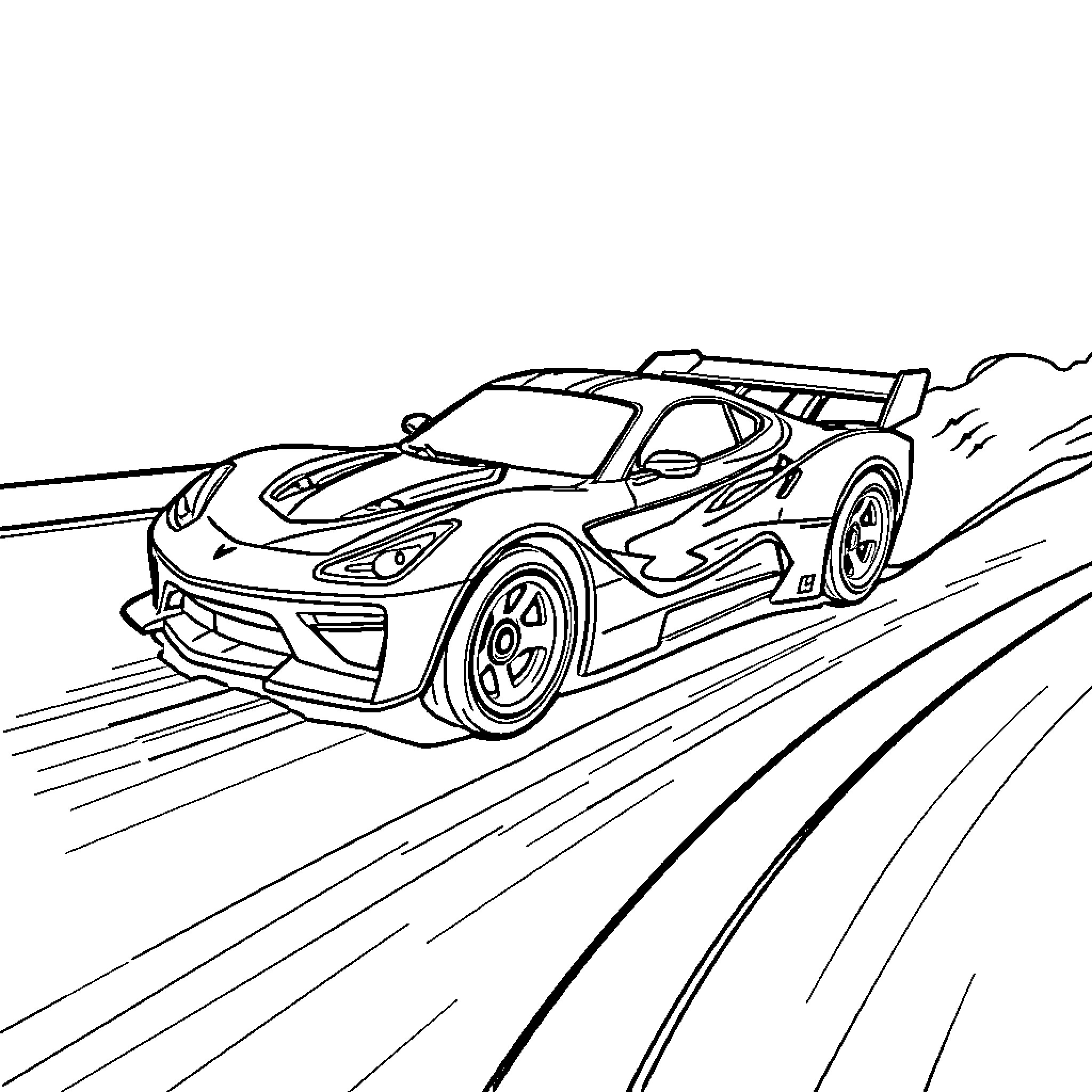 Hot Wheels racing car speeding on the track Coloring Page (free black-and-white line drawing printable PDF for all, from beginners to advanced learners, including children, teens, adults, and seniors)