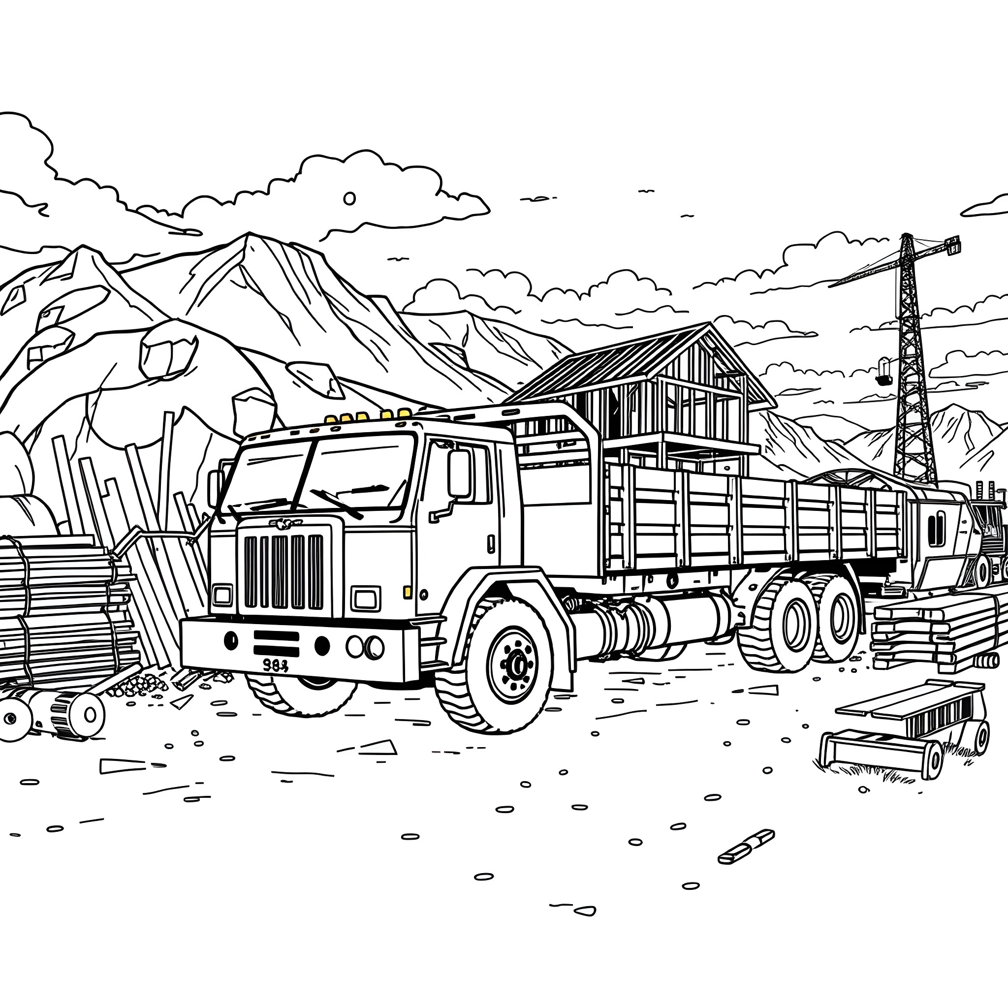 Flatbed truck hauling construction materials in mountainous landscape Coloring Page (free black-and-white line drawing printable PDF for all, from beginners to advanced learners, including children, teens, adults, and seniors)