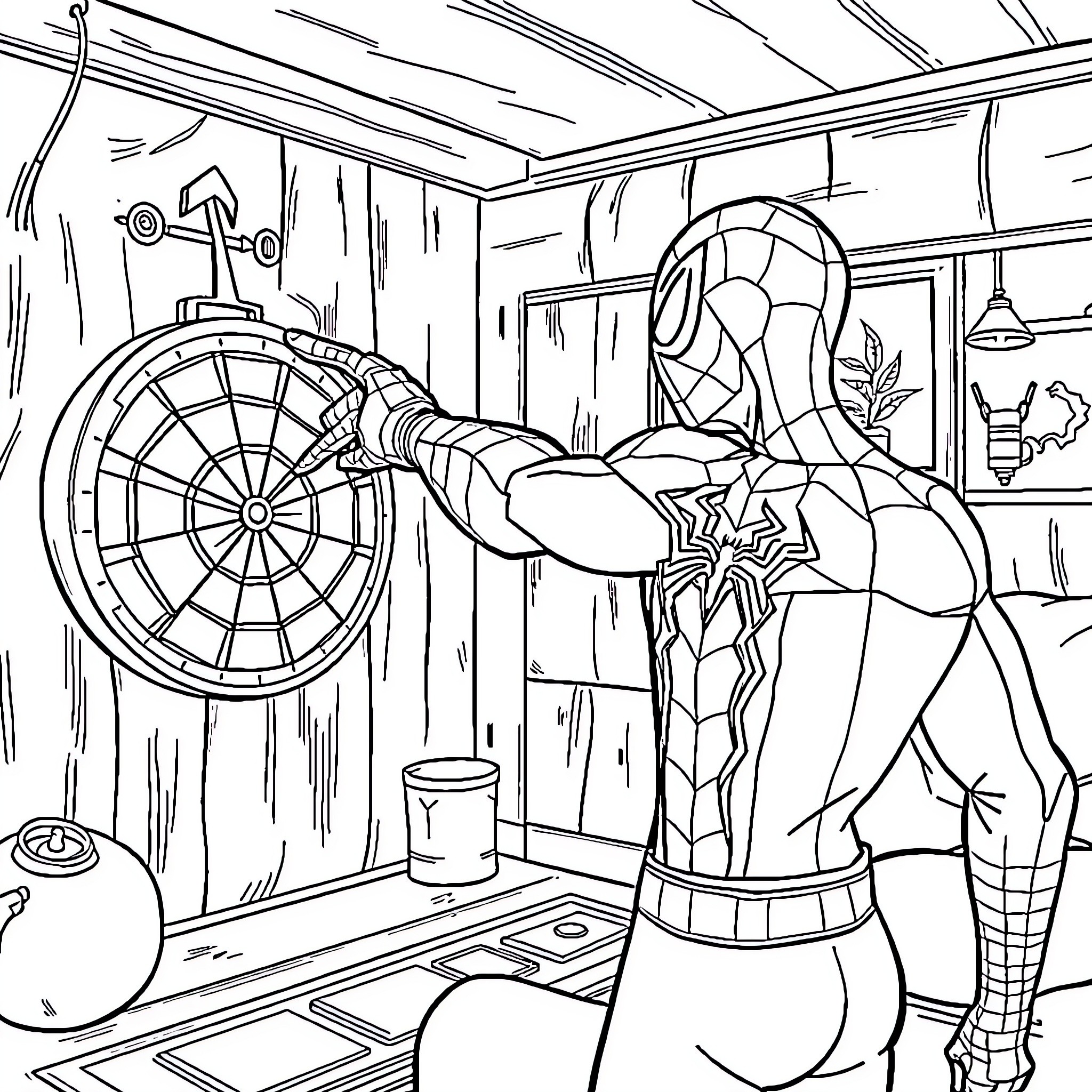 Spiderman in heroic action in his lair Coloring Page (free black-and-white line drawing printable PDF for all, from beginners to advanced learners, including children, teens, adults, and seniors)