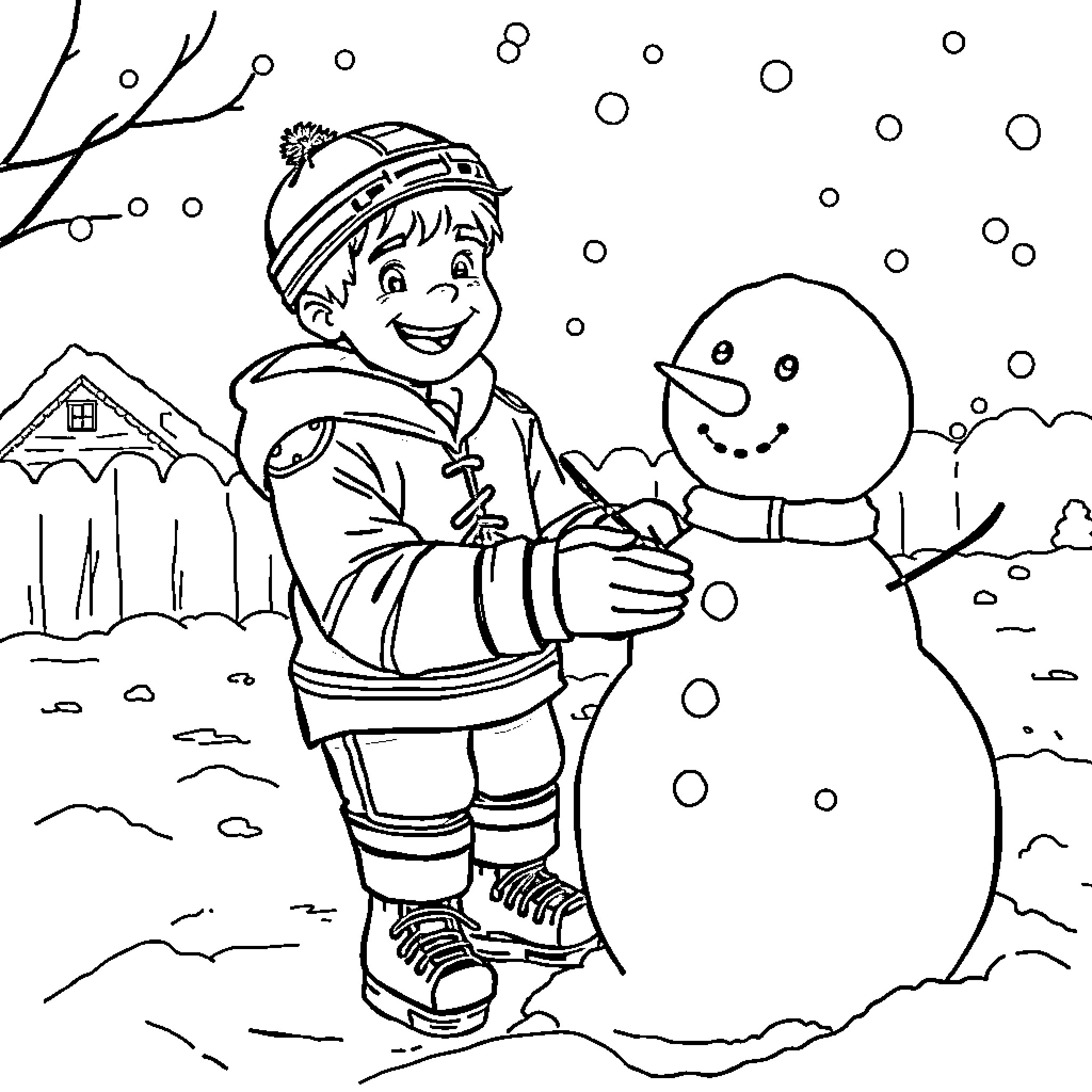 Connor Bedard building a snowman in the winter Coloring Page (free black-and-white line drawing printable PDF for all, from beginners to advanced learners, including children, teens, adults, and seniors)