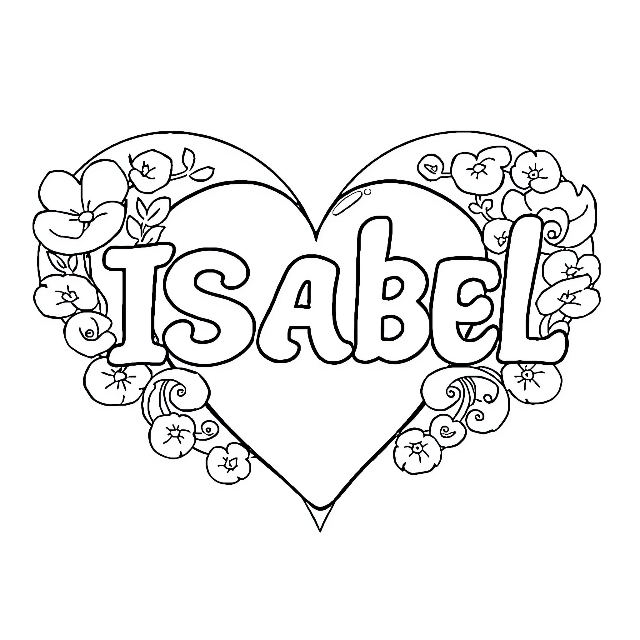 Heart filled with floral designs and the name Isabel Coloring Page (free black-and-white line drawing printable PDF for all, from beginners to advanced learners, including children, teens, adults, and seniors)