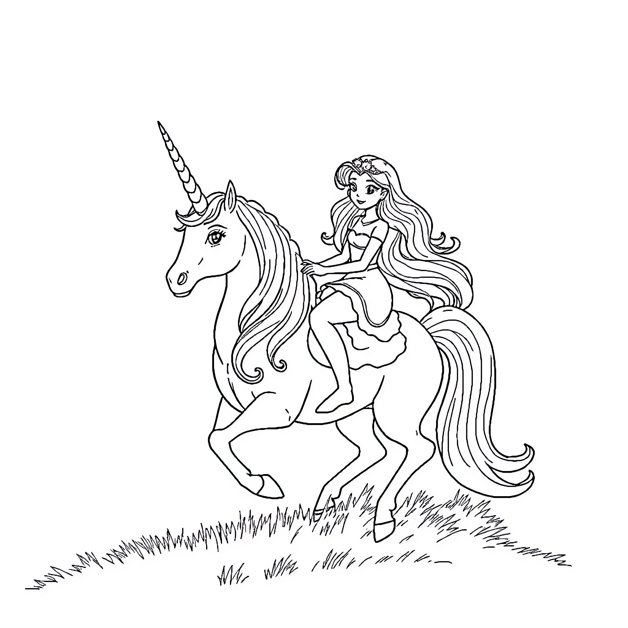 Unicorn and Princess Riding Through the Meadow Coloring Page (free black-and-white line drawing printable PDF for all, from beginners to advanced learners, including children, teens, adults, and seniors)