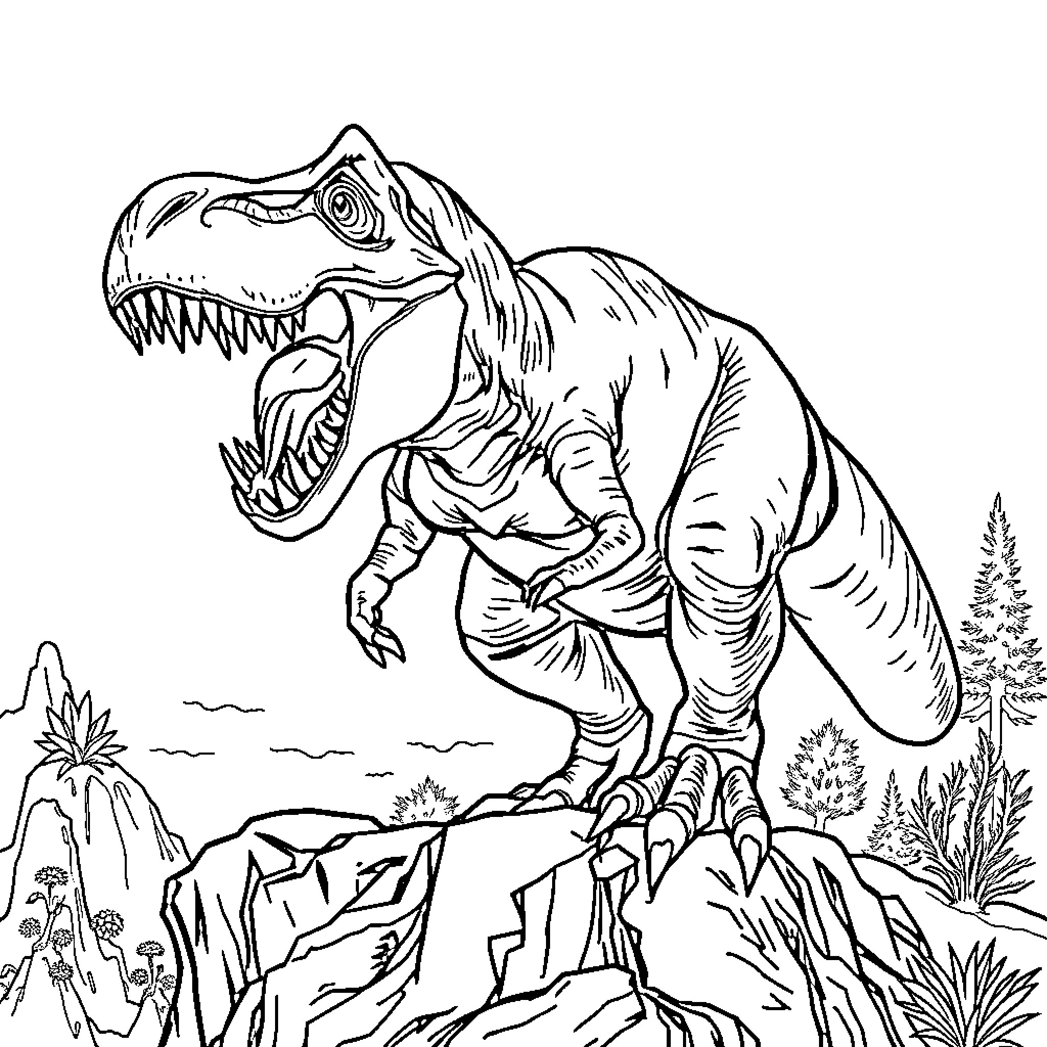 T-Rex Roaring Fiercely in Prehistoric Landscape Coloring Page (free black-and-white line drawing printable PDF for all, from beginners to advanced learners, including children, teens, adults, and seniors)