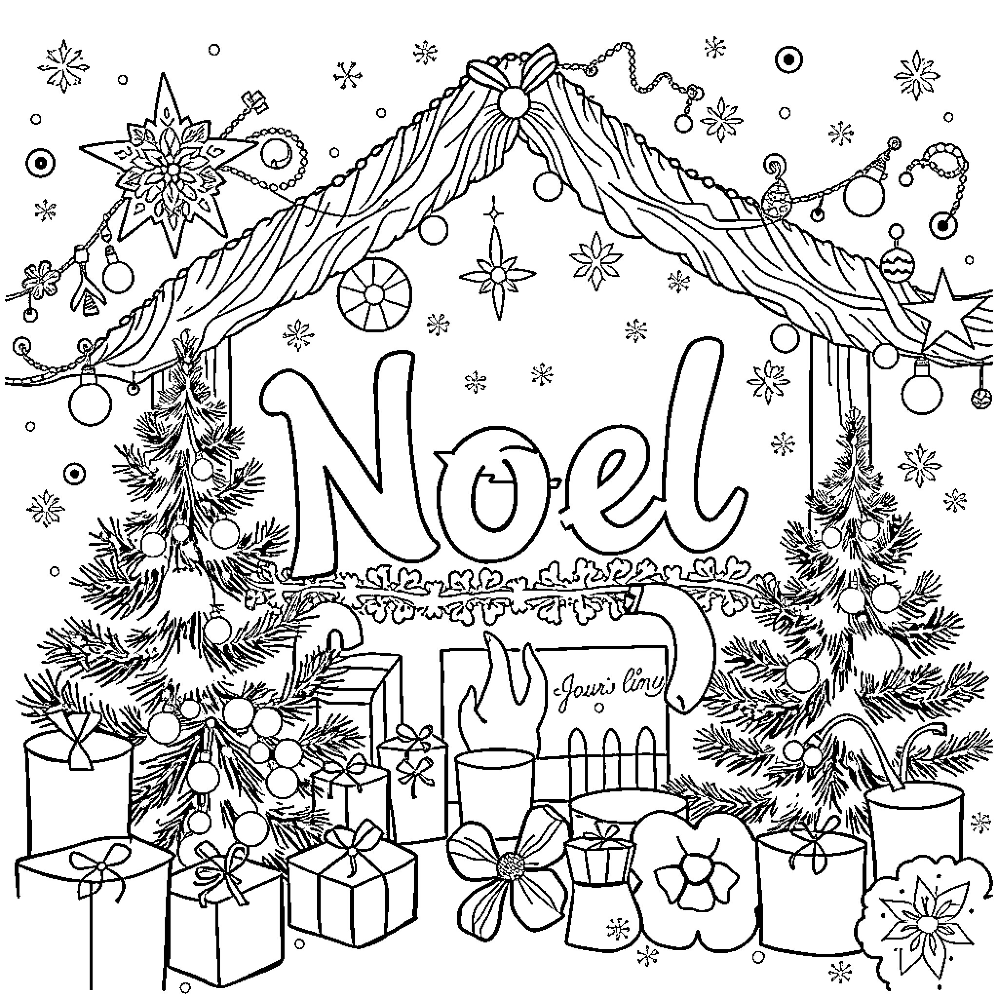 Noel - Festive Christmas scene with decorations Coloring Page (free black-and-white line drawing printable PDF for all, from beginners to advanced learners, including children, teens, adults, and seniors)