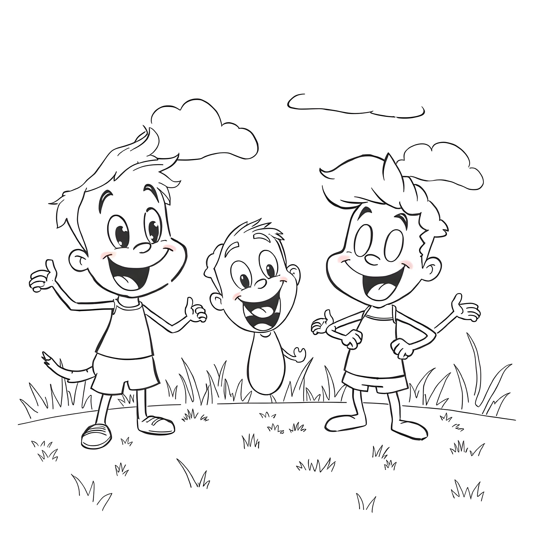 Person playing happily with friends in the park Coloring Page (free black-and-white line drawing printable PDF for all, from beginners to advanced learners, including children, teens, adults, and seniors)