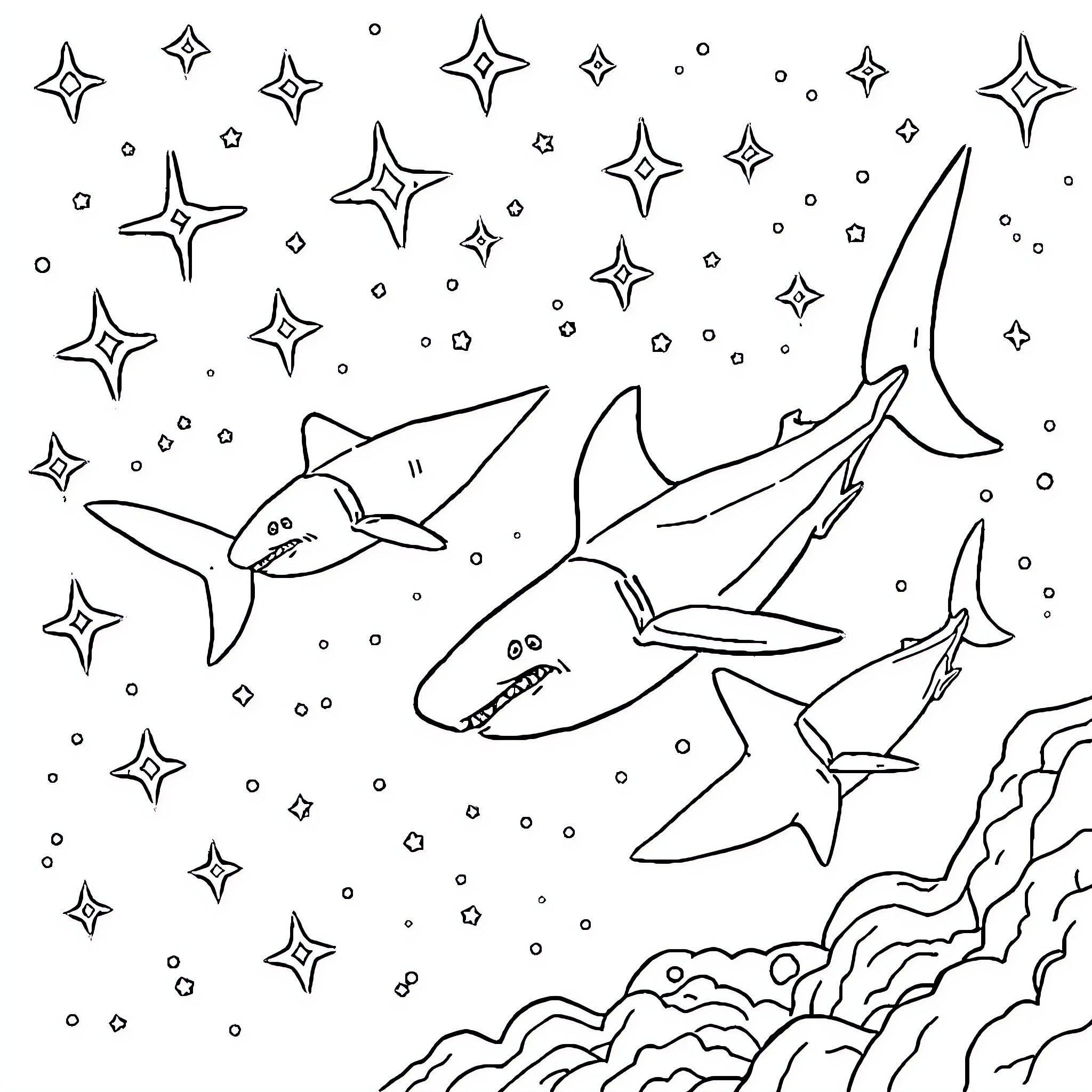 Shark swimming among sparkling stars in the ocean Coloring Page (free black-and-white line drawing printable PDF for all, from beginners to advanced learners, including children, teens, adults, and seniors)