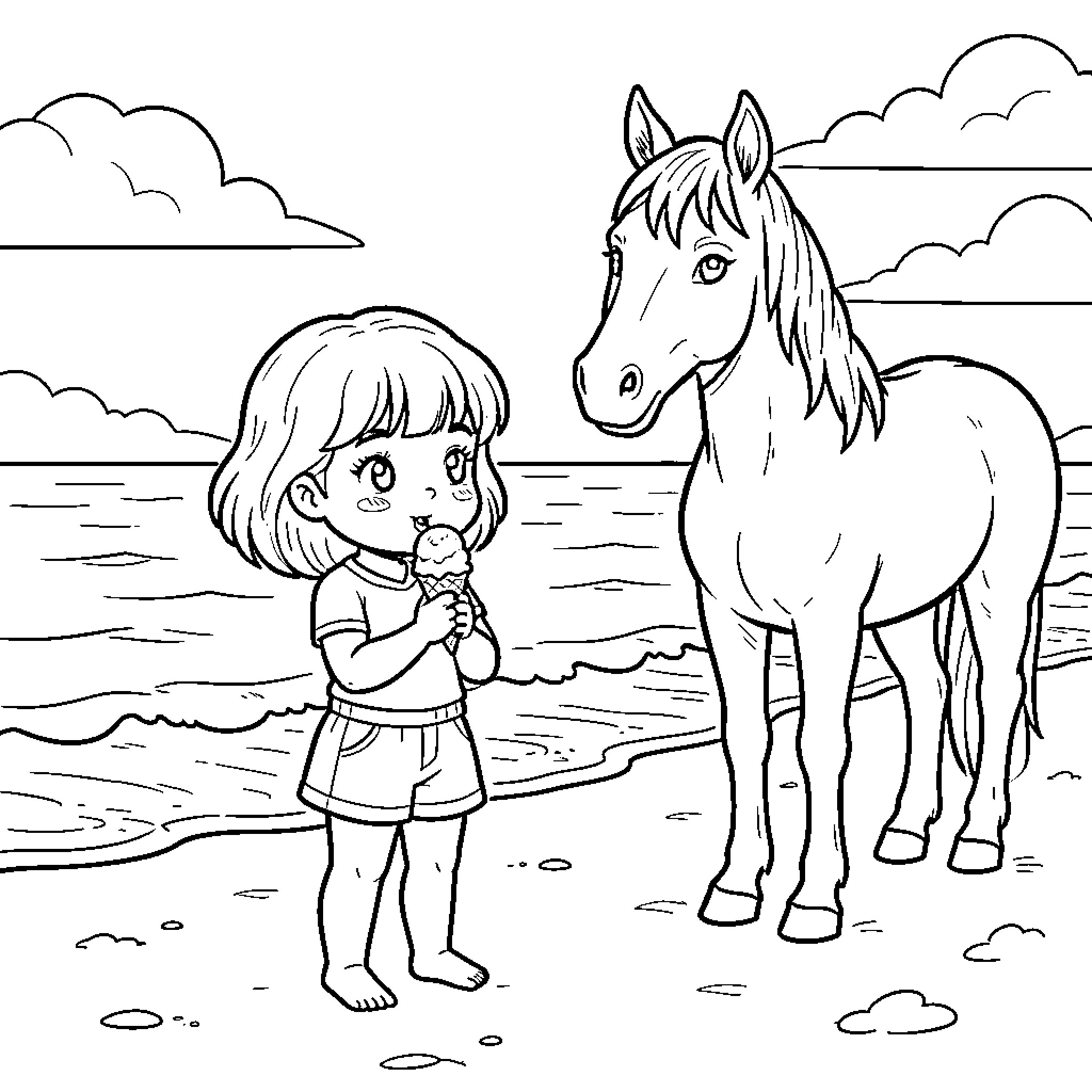 Fille eating ice cream standing near a horse Coloring Page (free black-and-white line drawing printable PDF for all, from beginners to advanced learners, including children, teens, adults, and seniors)