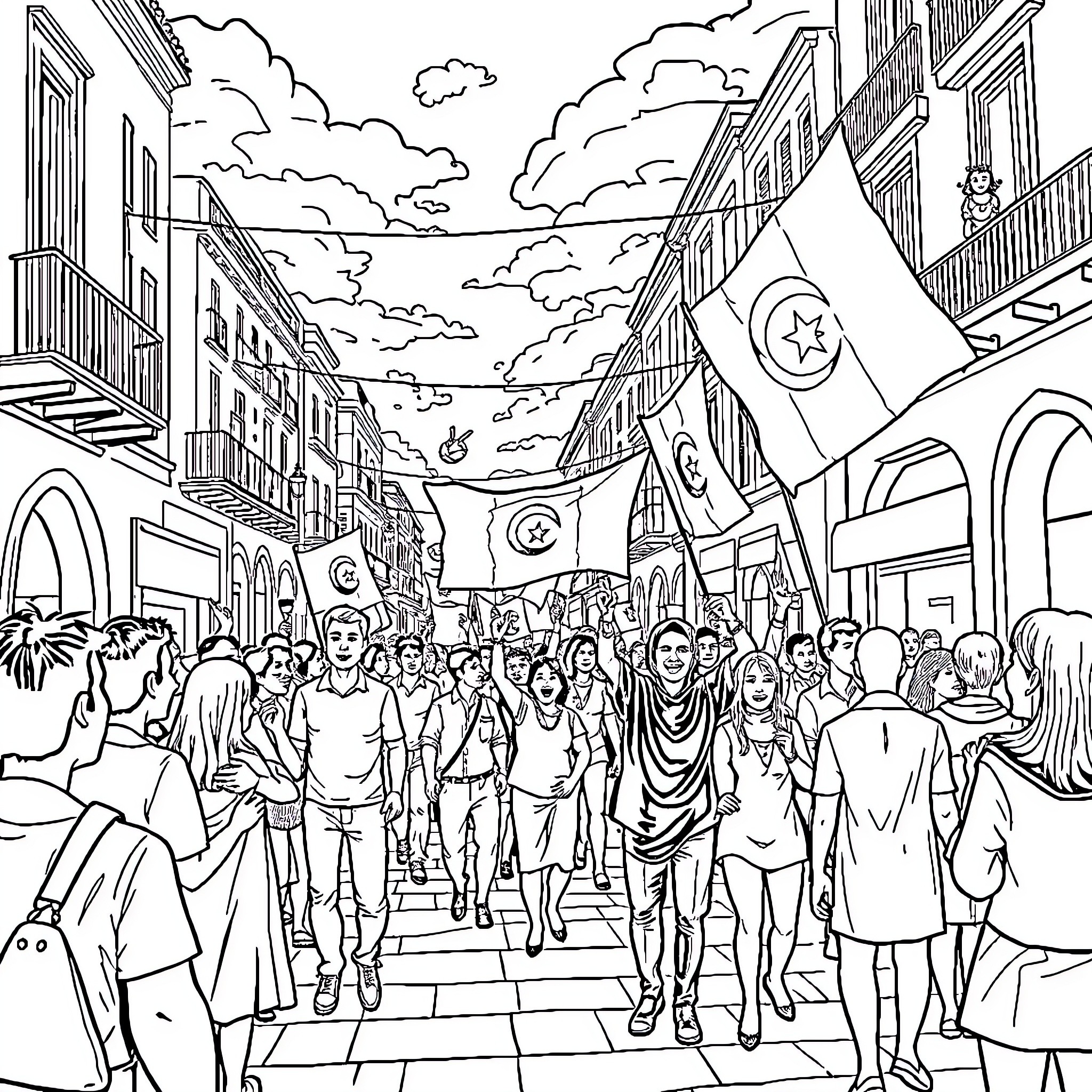 Independence Day Celebration in the City Streets Coloring Page (free black-and-white line drawing printable PDF for all, from beginners to advanced learners, including children, teens, adults, and seniors)
