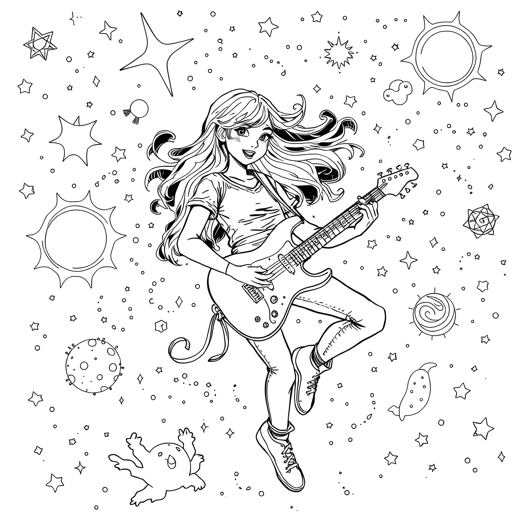 Teenage Girl Playing Electric Guitar in Cosmic Landscape Coloring Page (free black-and-white line drawing printable PDF for all, from beginners to advanced learners, including children, teens, adults, and seniors)