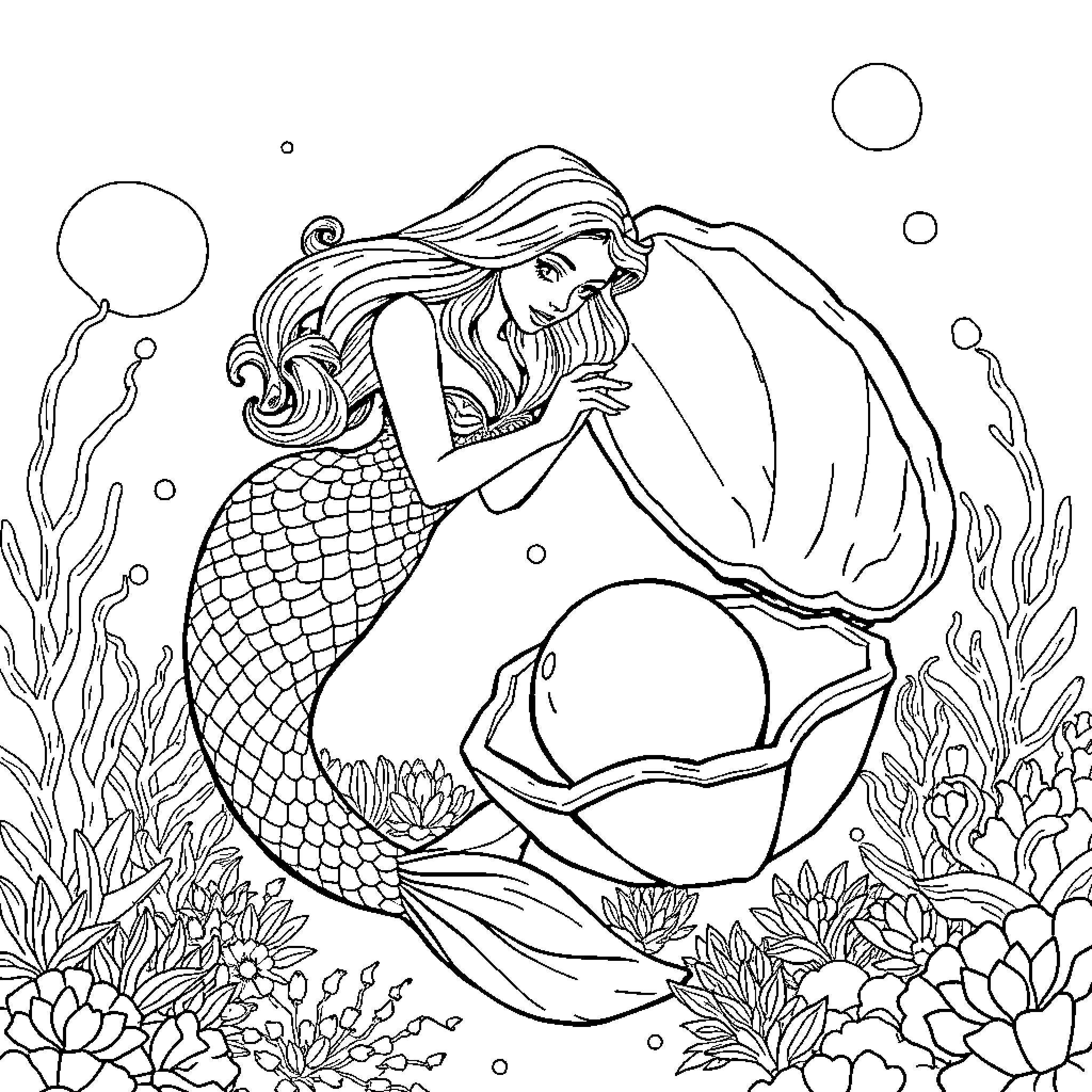 Mermaid Swimming Gracefully Underwater Coloring Page (free black-and-white line drawing printable PDF for all, from beginners to advanced learners, including children, teens, adults, and seniors)