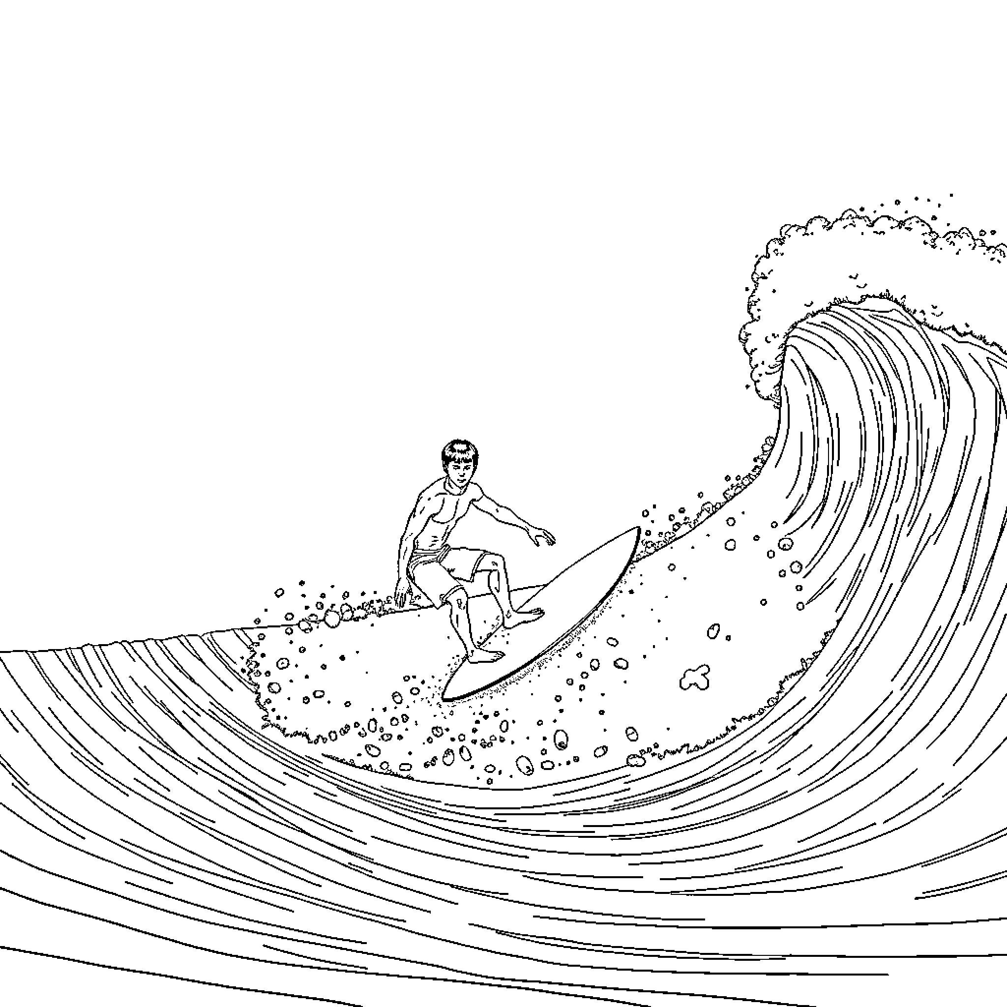 Surfer riding a massive wave Coloring Page (free black-and-white line drawing printable PDF for all, from beginners to advanced learners, including children, teens, adults, and seniors)