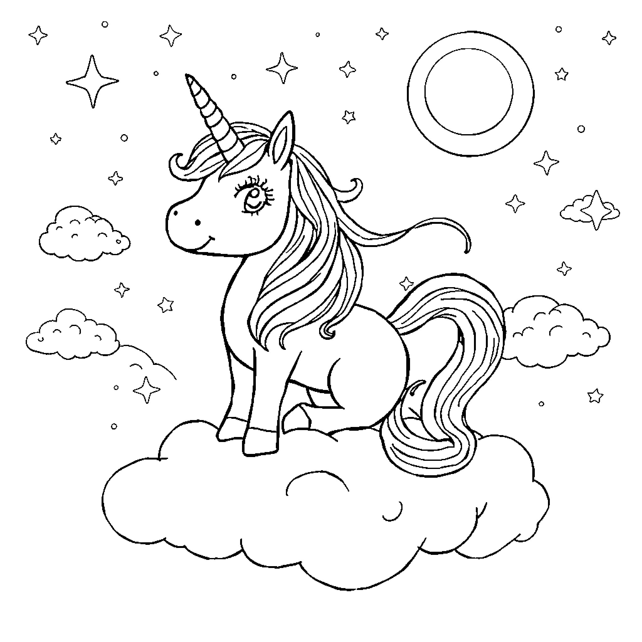 Licorne unicorn on clouds with stars Coloring Page (free black-and-white line drawing printable PDF for all, from beginners to advanced learners, including children, teens, adults, and seniors)