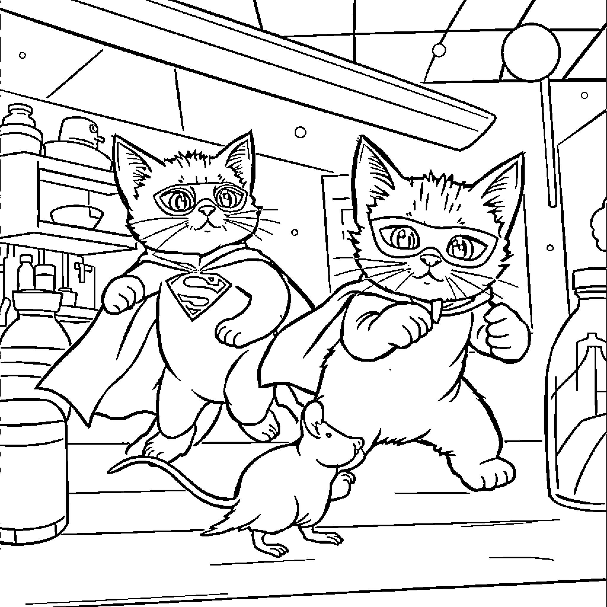 Superkitty cats and mouse in lab Coloring Page (free black-and-white line drawing printable PDF for all, from beginners to advanced learners, including children, teens, adults, and seniors)