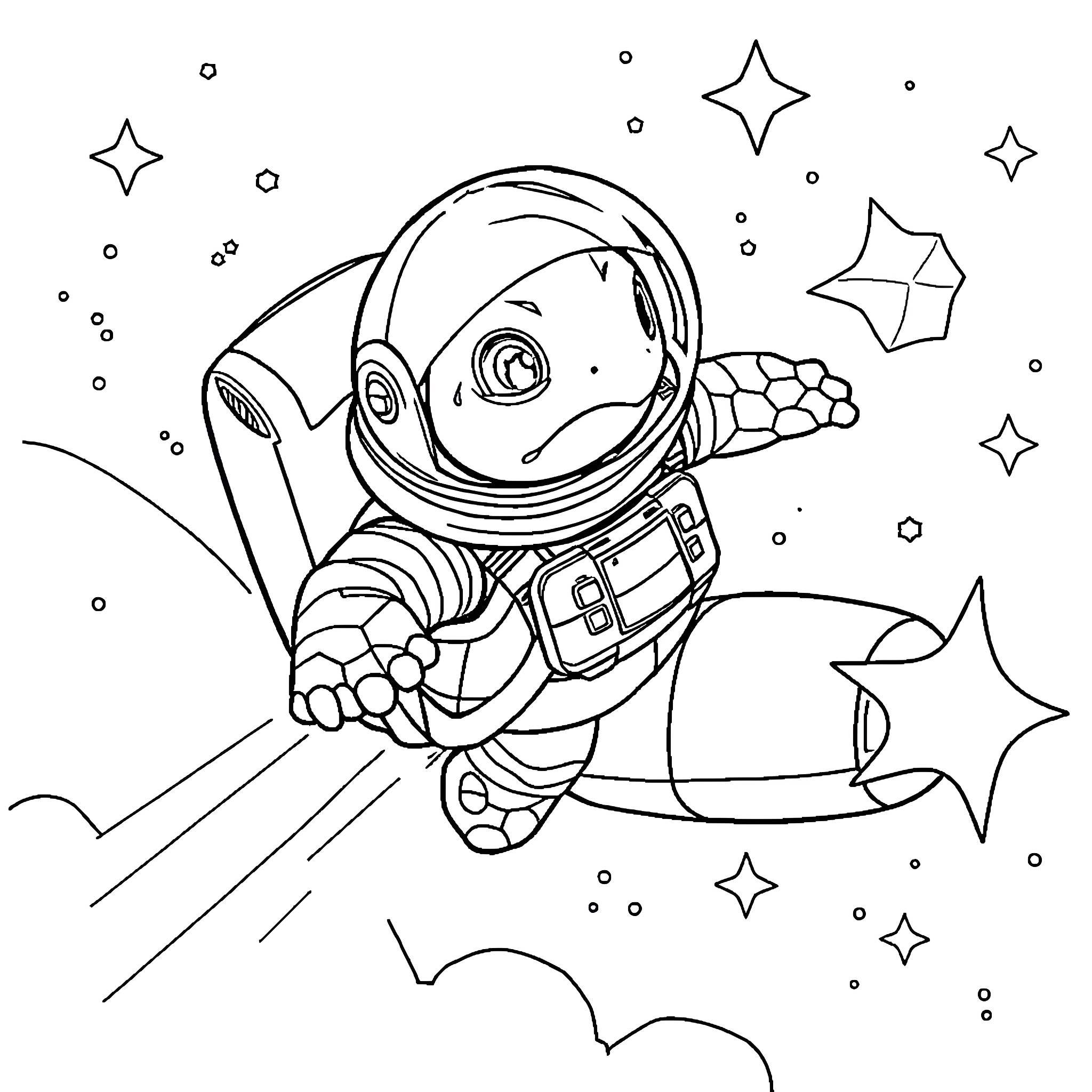 Tortoise astronaut exploring the cosmos Coloring Page (free black-and-white line drawing printable PDF for all, from beginners to advanced learners, including children, teens, adults, and seniors)