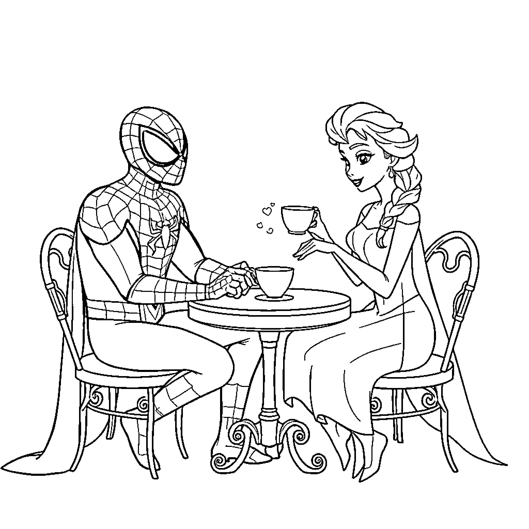Elsa and Spiderman Enjoying Tea Together Coloring Page (free black-and-white line drawing printable PDF for all, from beginners to advanced learners, including children, teens, adults, and seniors)