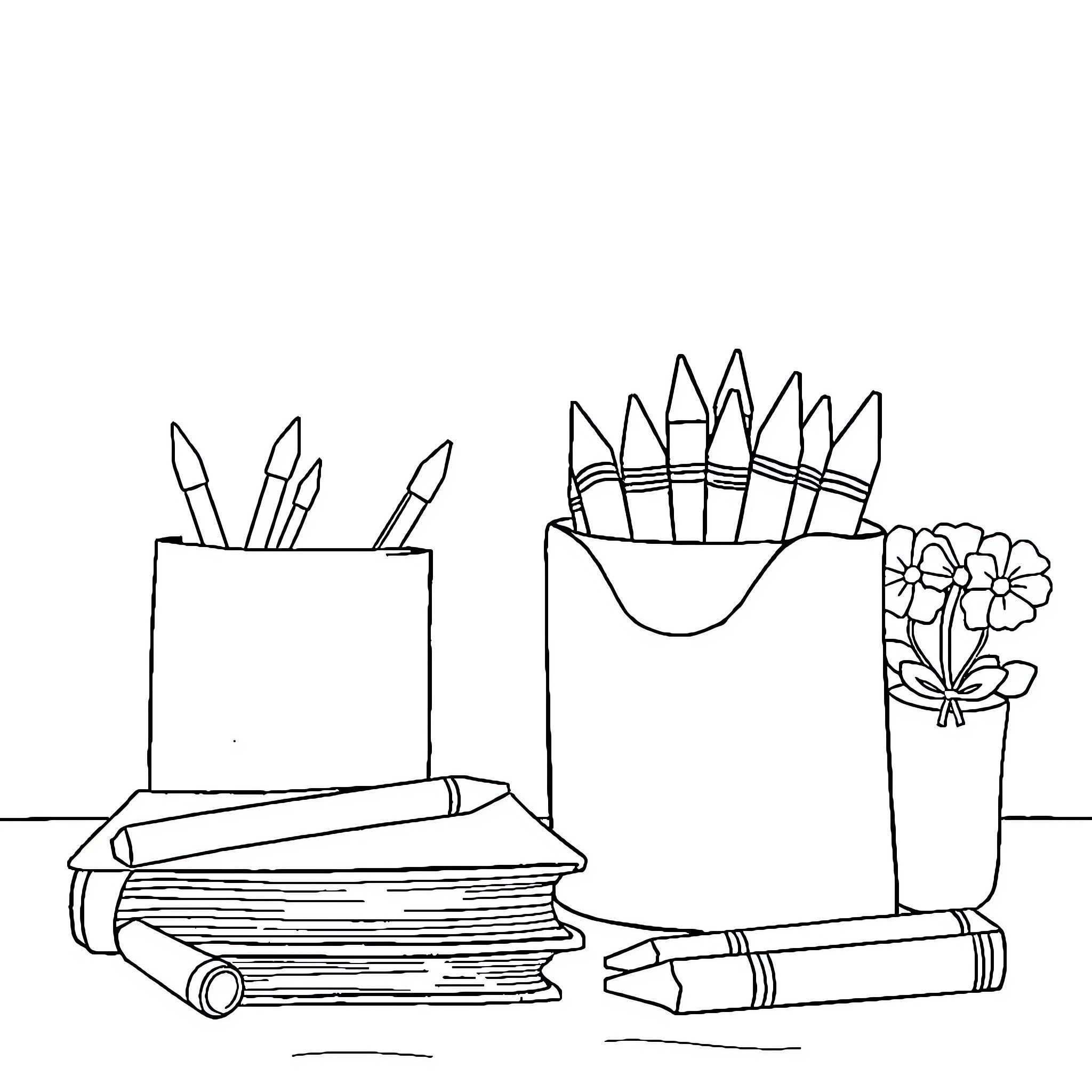 School Supplies with Desk Arrangement Coloring Page (free black-and-white line drawing printable PDF for all, from beginners to advanced learners, including children, teens, adults, and seniors)
