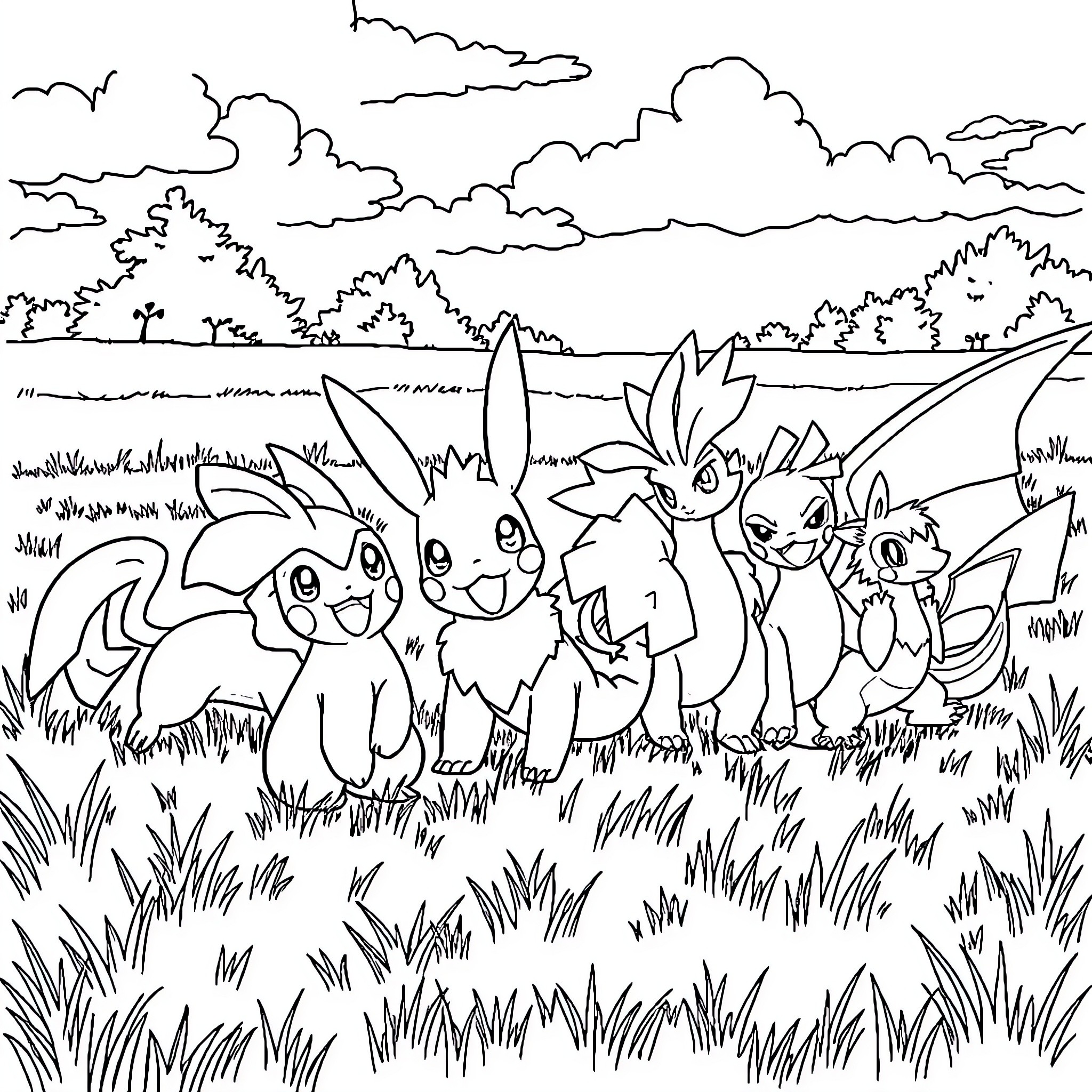 Pokémon enjoying a scenic outdoor adventure Coloring Page (free black-and-white line drawing printable PDF for all, from beginners to advanced learners, including children, teens, adults, and seniors)