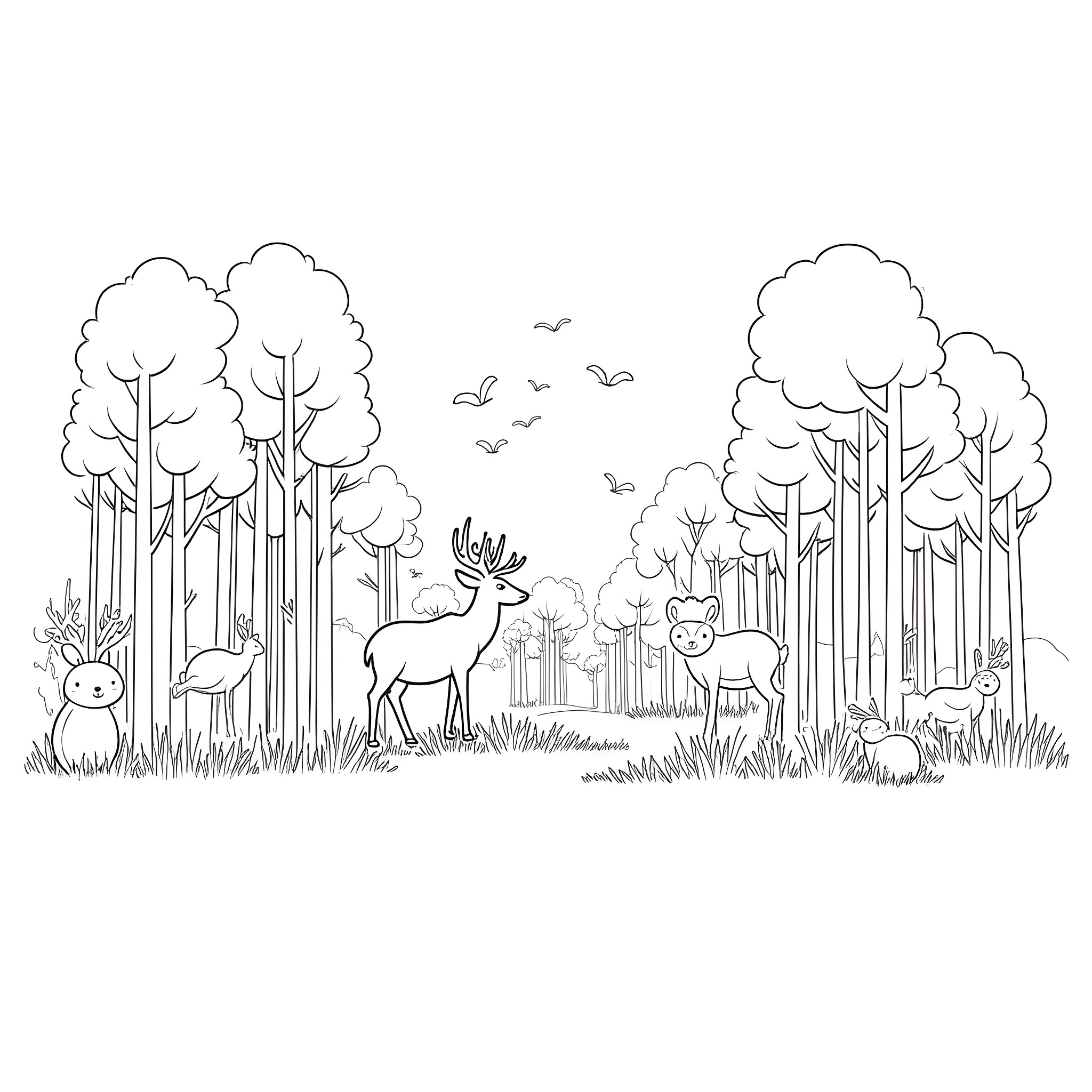 Animal forest scene with deer and owls Coloring Page (free black-and-white line drawing printable PDF for all, from beginners to advanced learners, including children, teens, adults, and seniors)