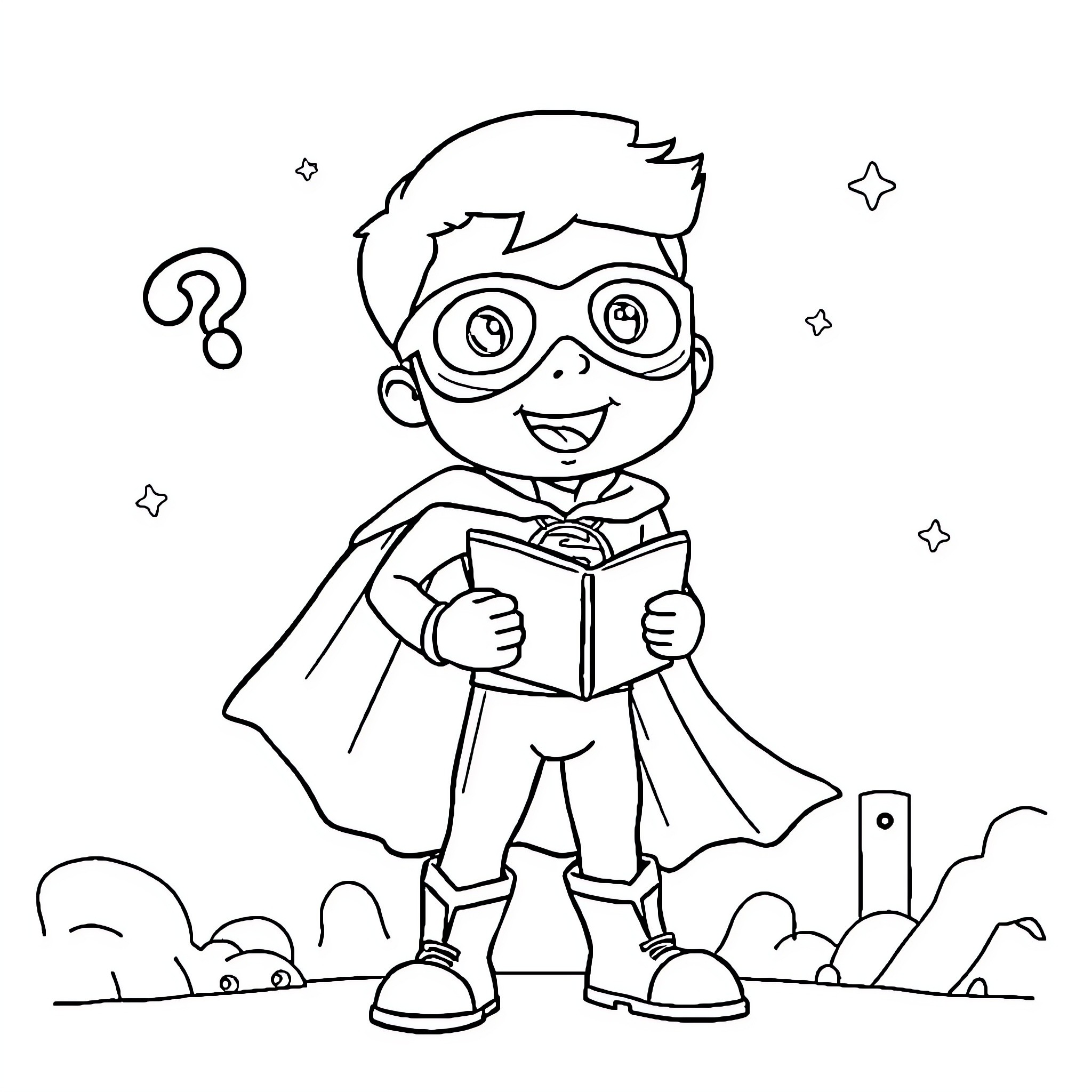 Super Why reading a book in superhero costume Coloring Page (free black-and-white line drawing printable PDF for all, from beginners to advanced learners, including children, teens, adults, and seniors)