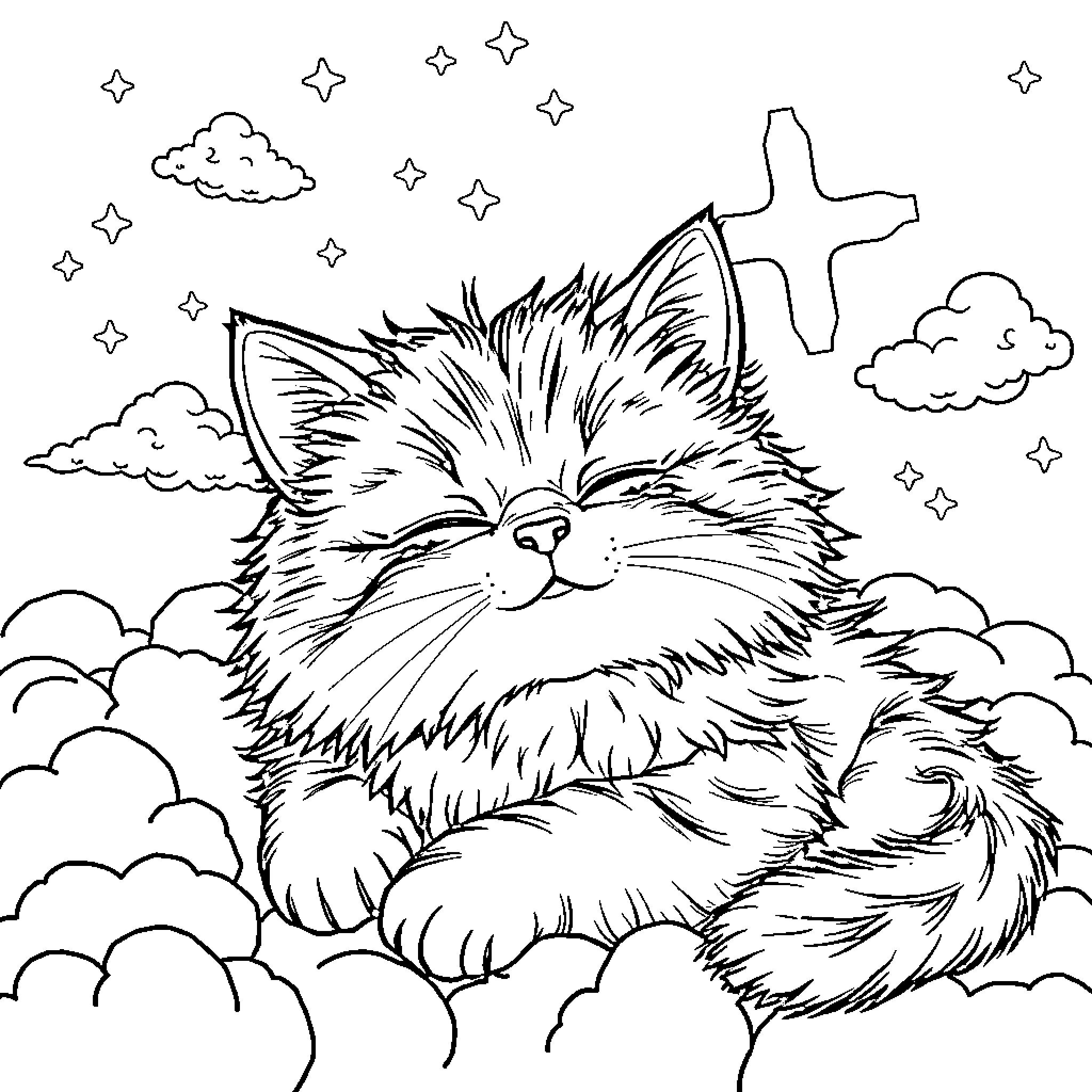 Cat resting peacefully under the starry sky Coloring Page (free black-and-white line drawing printable PDF for all, from beginners to advanced learners, including children, teens, adults, and seniors)