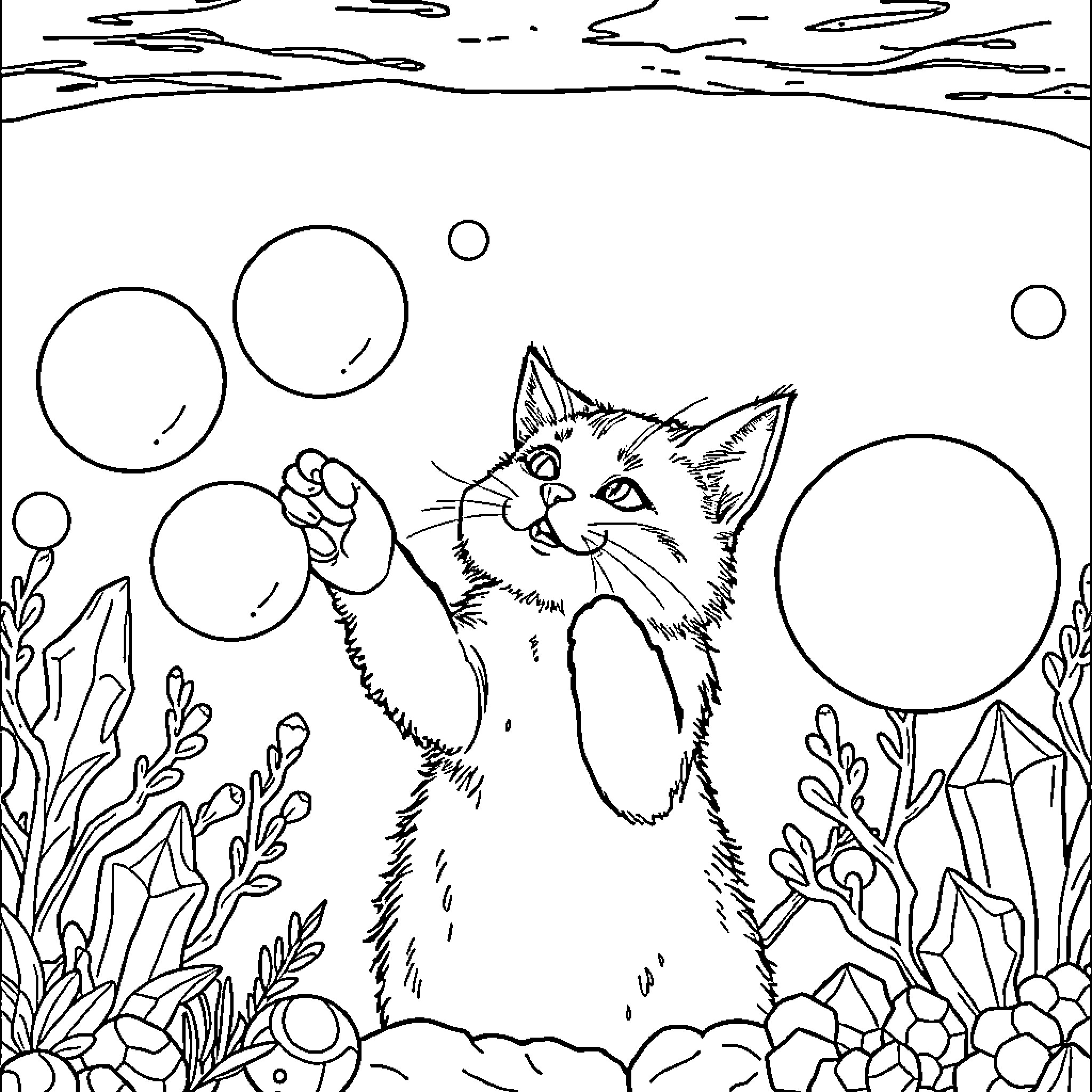 Cat playing with bubbles in nature Coloring Page (free black-and-white line drawing printable PDF for all, from beginners to advanced learners, including children, teens, adults, and seniors)