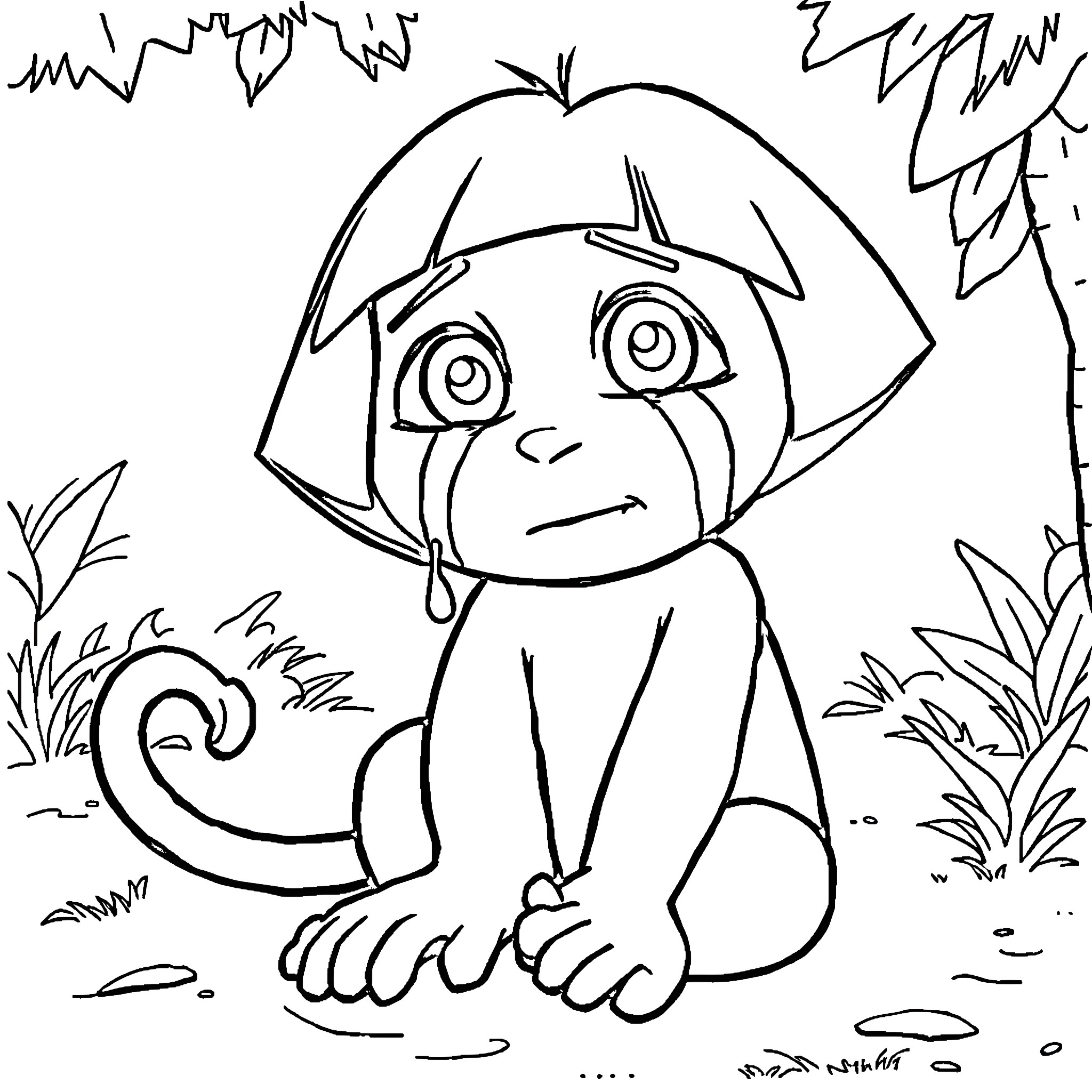 Boots and the Sad Character in the Forest Coloring Page (free black-and-white line drawing printable PDF for all, from beginners to advanced learners, including children, teens, adults, and seniors)
