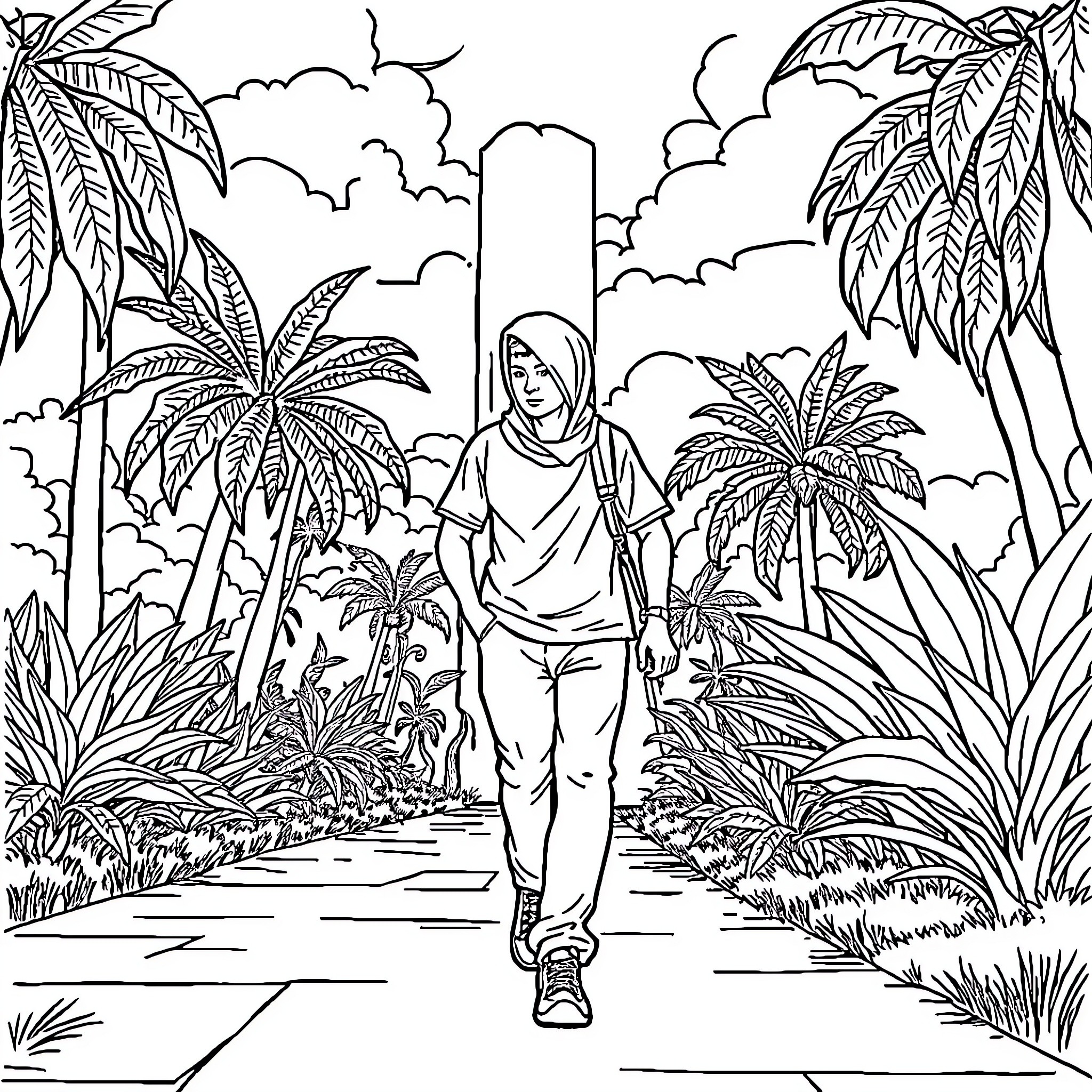 Human walking through tropical landscape Coloring Page (free black-and-white line drawing printable PDF for all, from beginners to advanced learners, including children, teens, adults, and seniors)