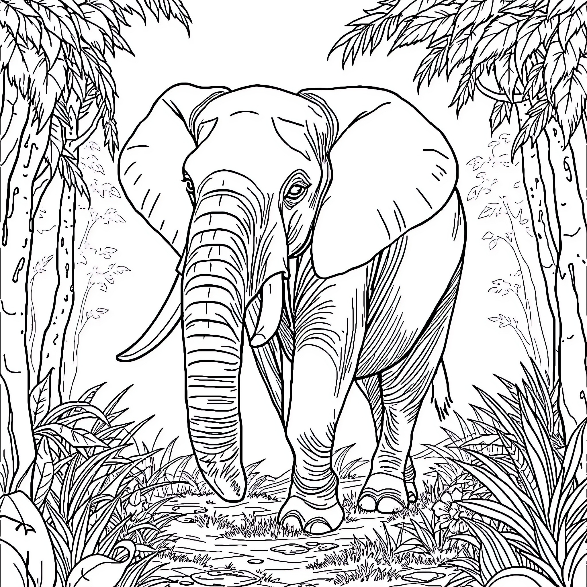 Elephant traversing lush jungle landscape Coloring Page (free black-and-white line drawing printable PDF for all, from beginners to advanced learners, including children, teens, adults, and seniors)