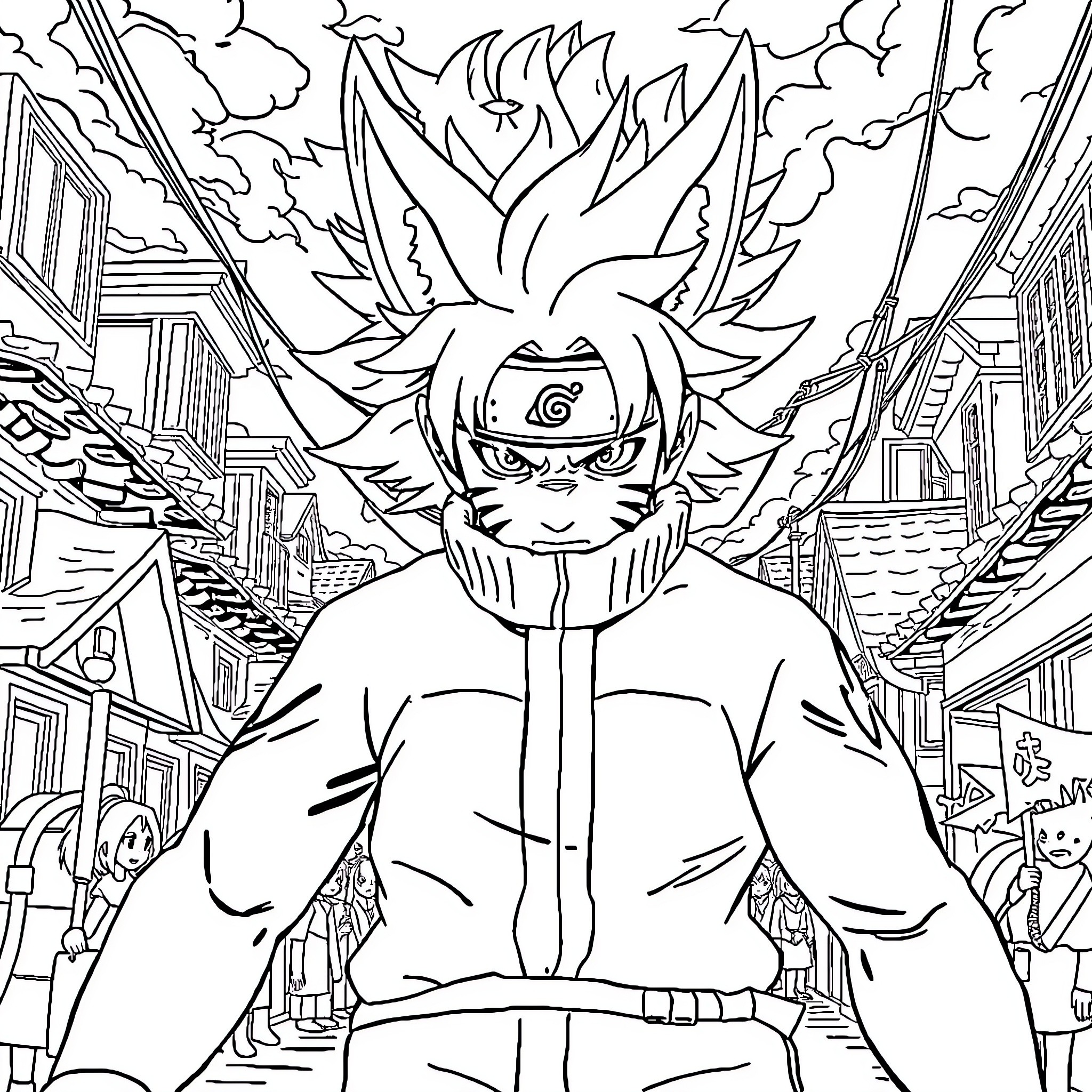 Naruto's Powerful Presence in the Ninja Village Coloring Page (free black-and-white line drawing printable PDF for all, from beginners to advanced learners, including children, teens, adults, and seniors)