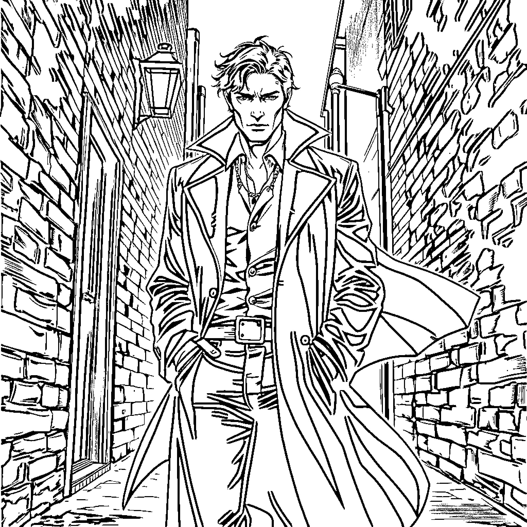 Constantine striding down a dark alley Coloring Page (free black-and-white line drawing printable PDF for all, from beginners to advanced learners, including children, teens, adults, and seniors)