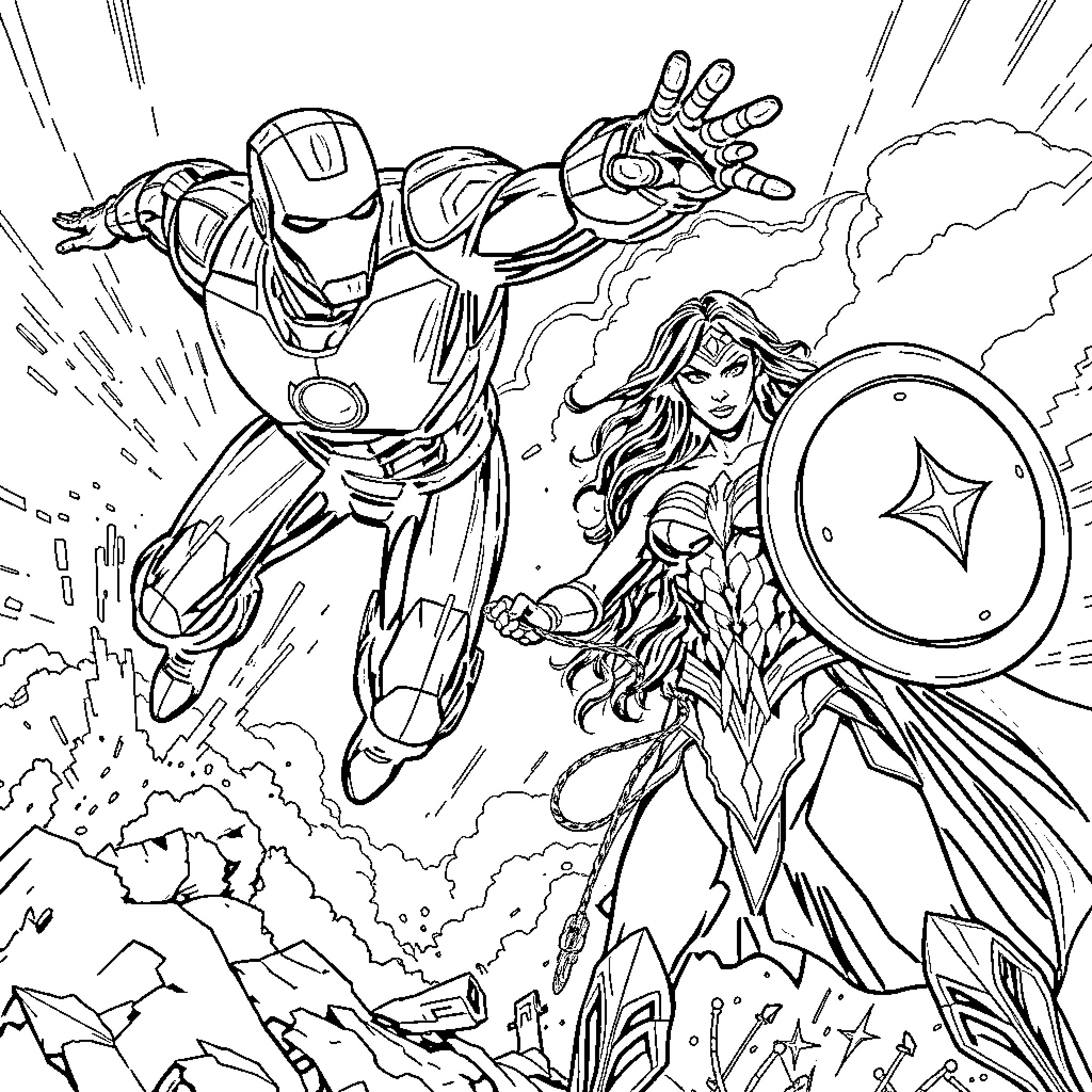 Iron Man and Wonder Woman in epic battle Coloring Page (free black-and-white line drawing printable PDF for all, from beginners to advanced learners, including children, teens, adults, and seniors)