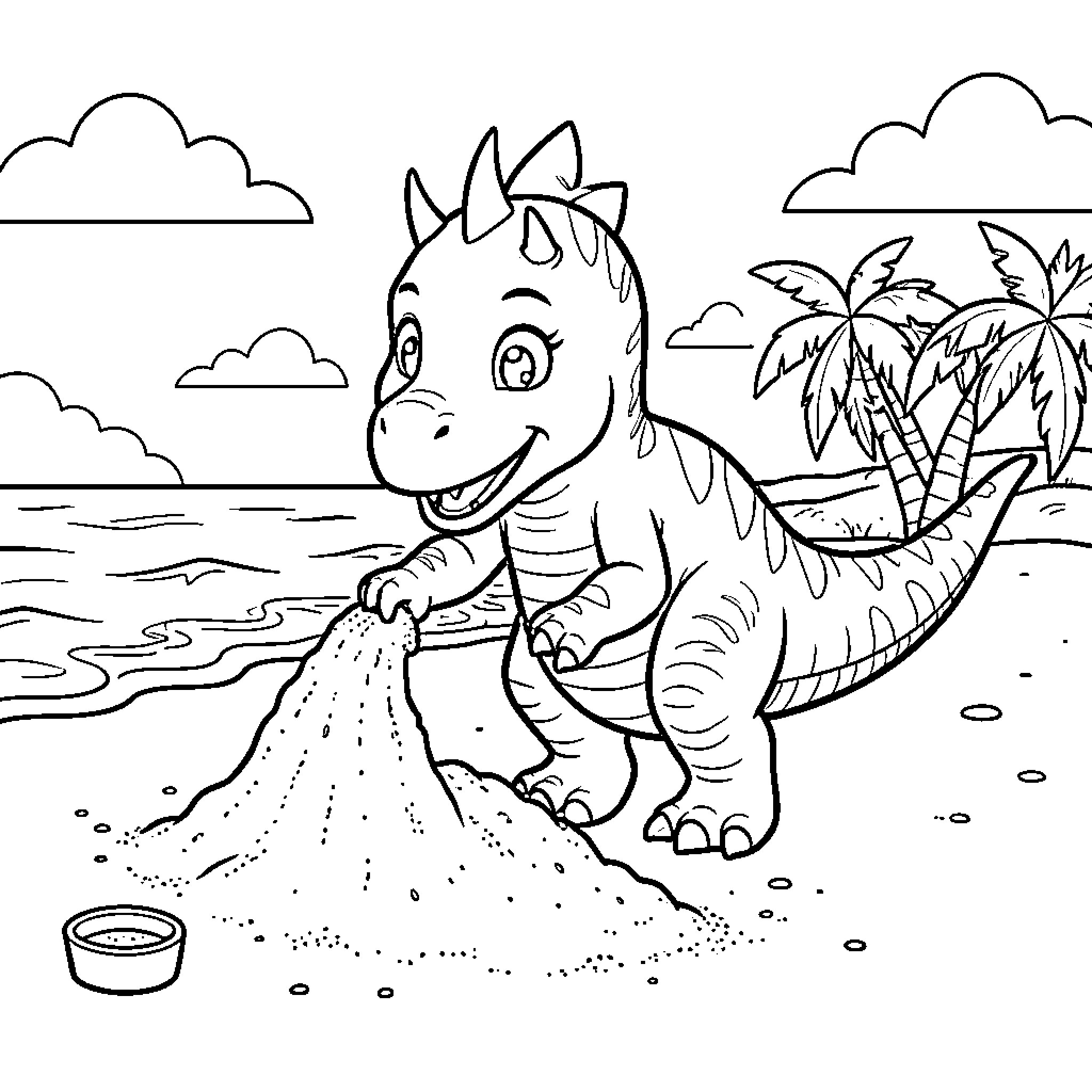 Dinosaur building a sandcastle on a sunny beach Coloring Page (free black-and-white line drawing printable PDF for all, from beginners to advanced learners, including children, teens, adults, and seniors)