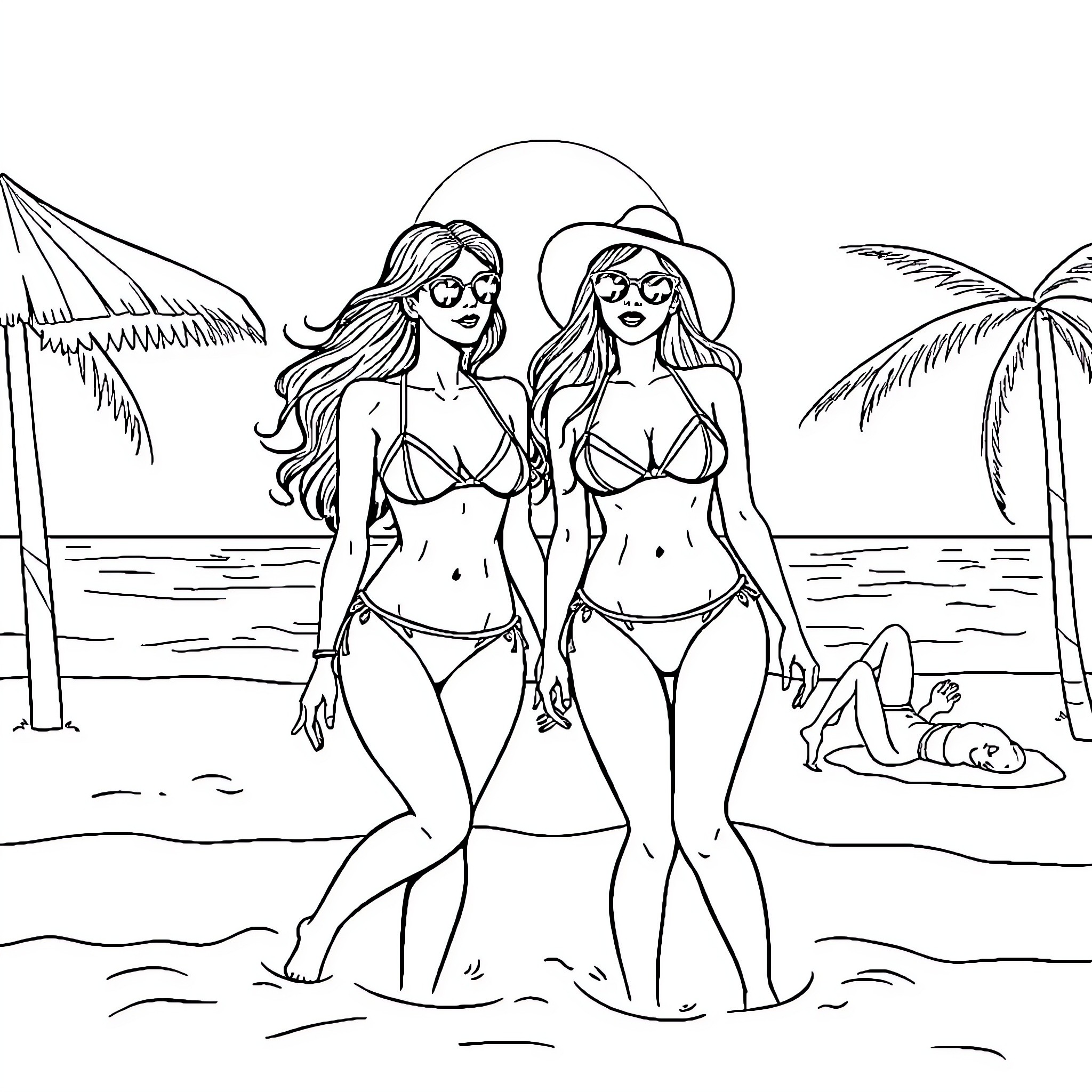 Girls enjoying beach vacation in swimsuits Coloring Page (free black-and-white line drawing printable PDF for all, from beginners to advanced learners, including children, teens, adults, and seniors)