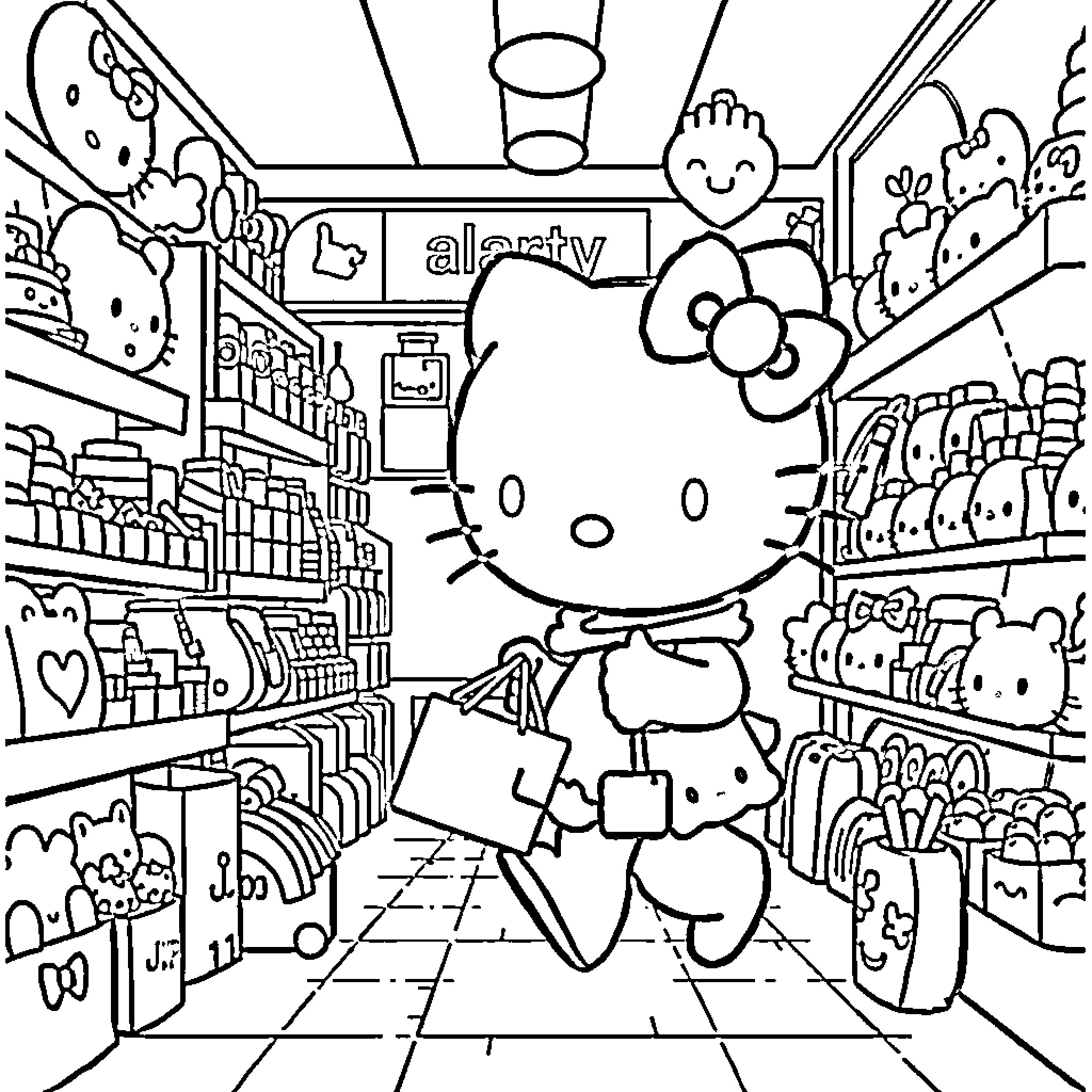 Hello Kitty explores a vibrant merchandise store Coloring Page (free black-and-white line drawing printable PDF for all, from beginners to advanced learners, including children, teens, adults, and seniors)