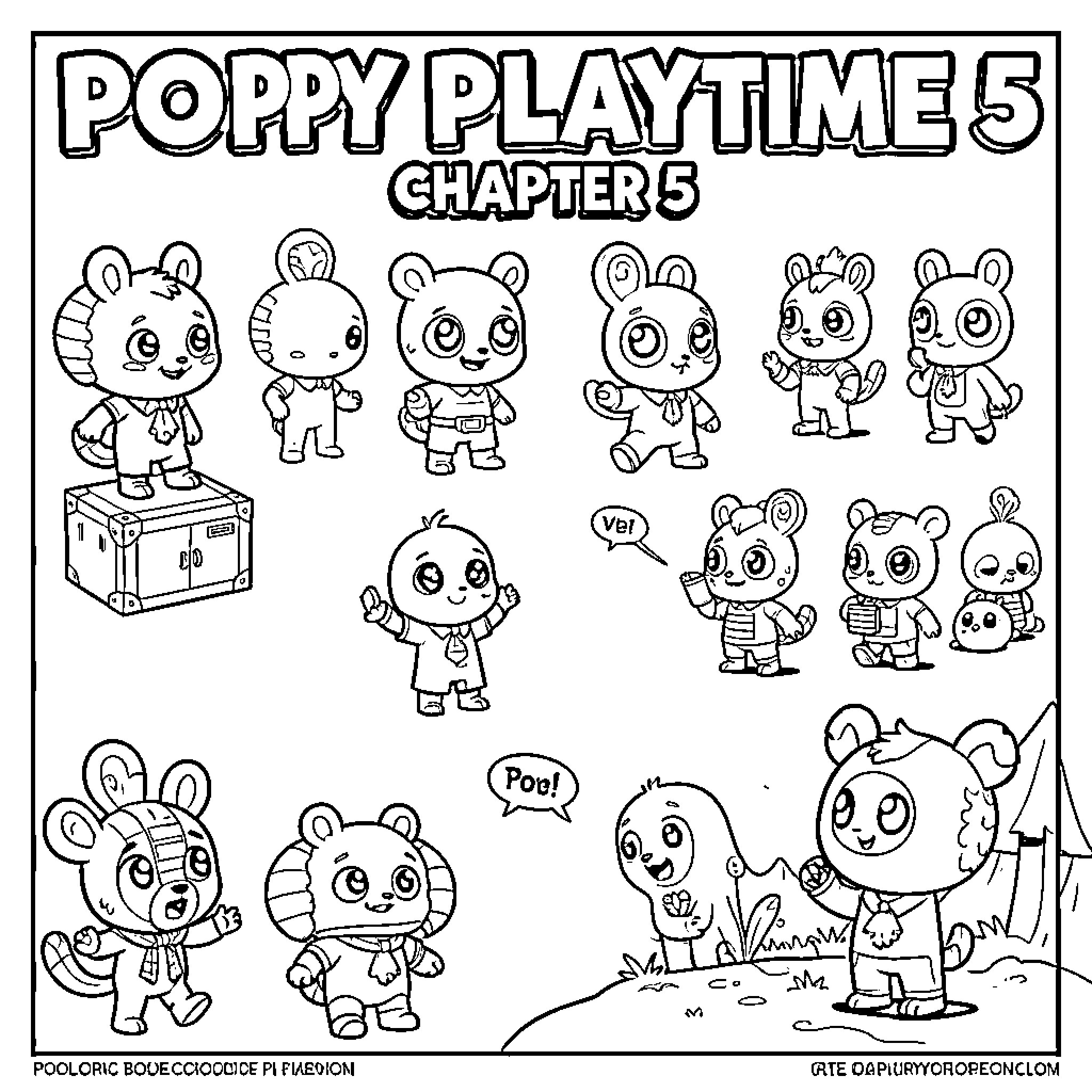 Poppy characters posing in various cute expressions and outfits Coloring Page (free black-and-white line drawing printable PDF for all, from beginners to advanced learners, including children, teens, adults, and seniors)
