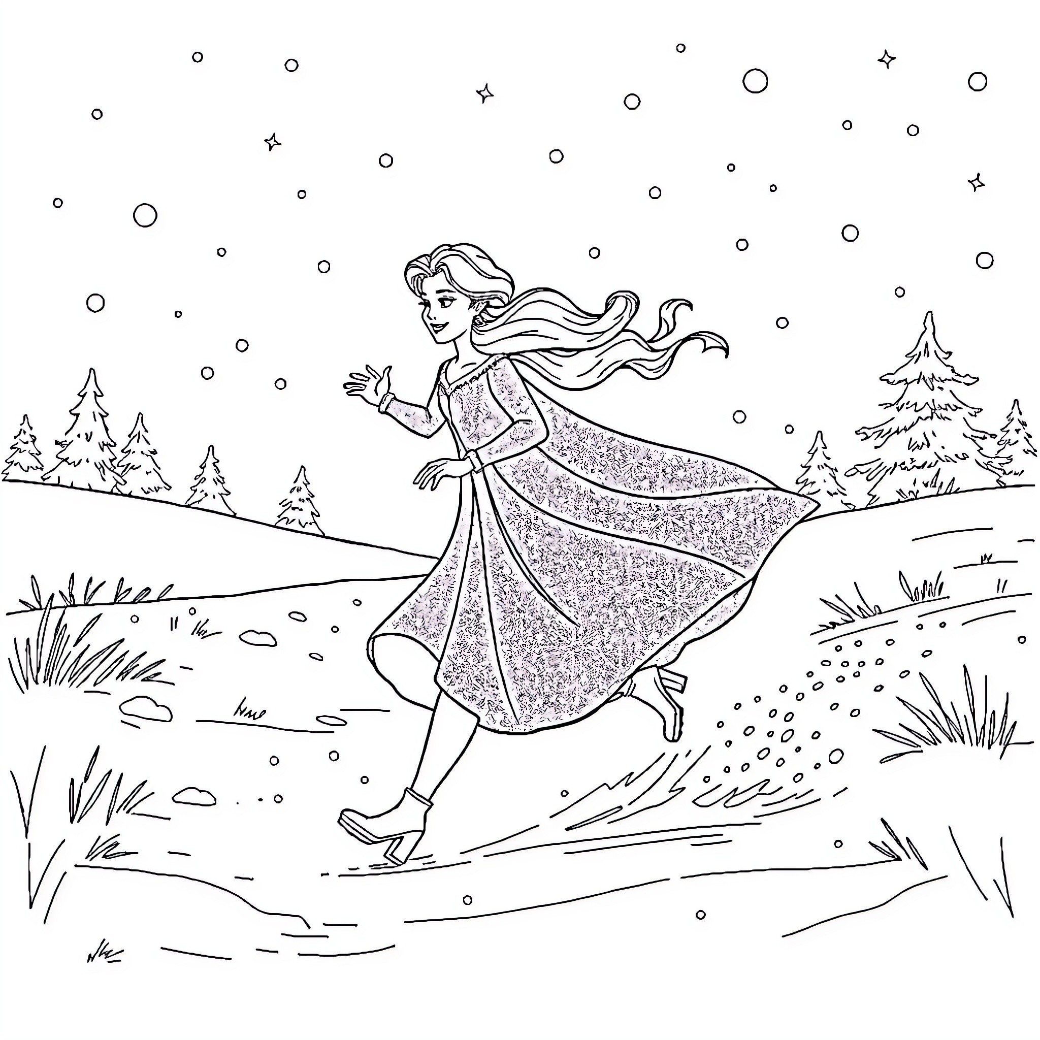 Queen's Enchanting Winter Adventure Coloring Page (free black-and-white line drawing printable PDF for all, from beginners to advanced learners, including children, teens, adults, and seniors)