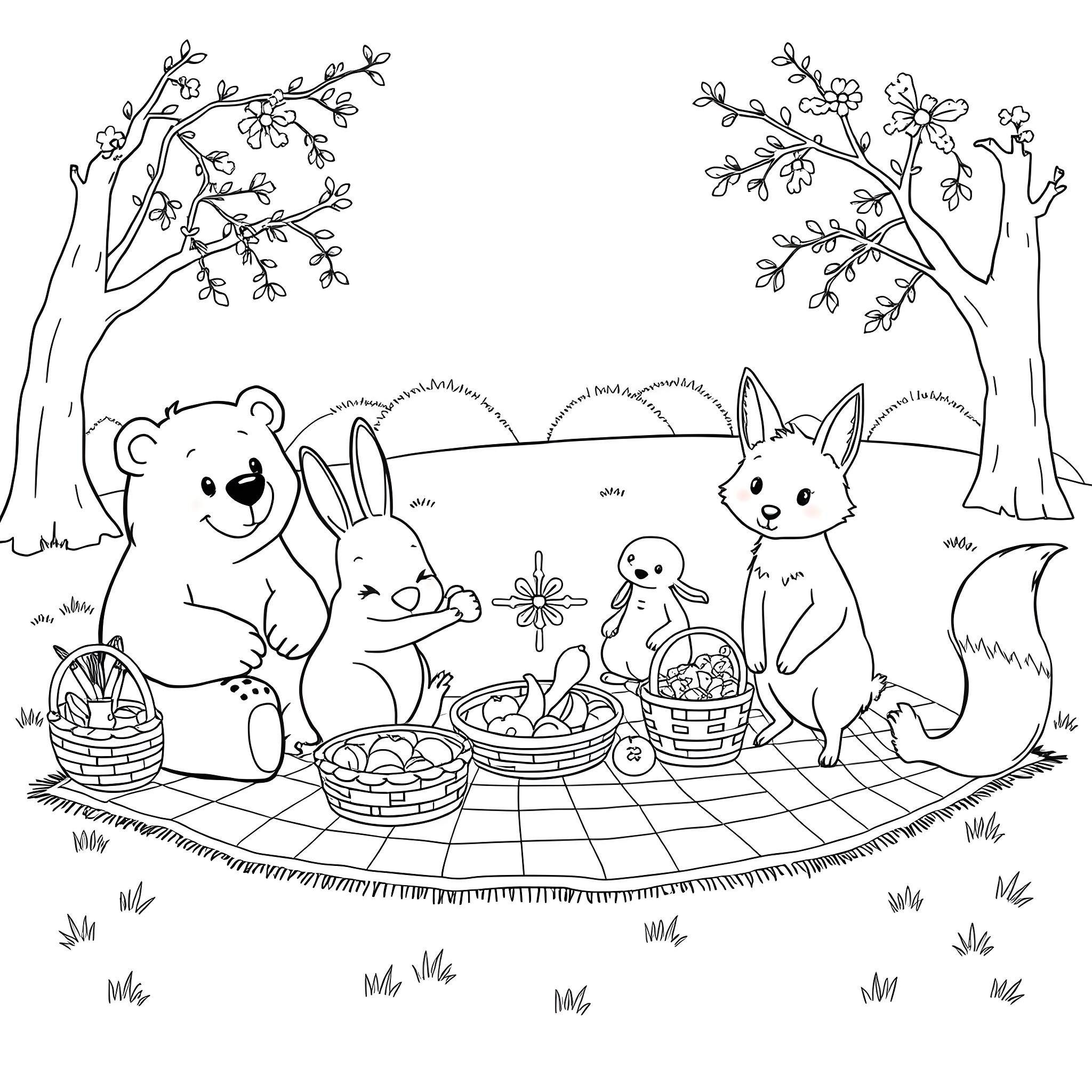 Animals enjoying picnic in spring forest Coloring Page (free black-and-white line drawing printable PDF for all, from beginners to advanced learners, including children, teens, adults, and seniors)