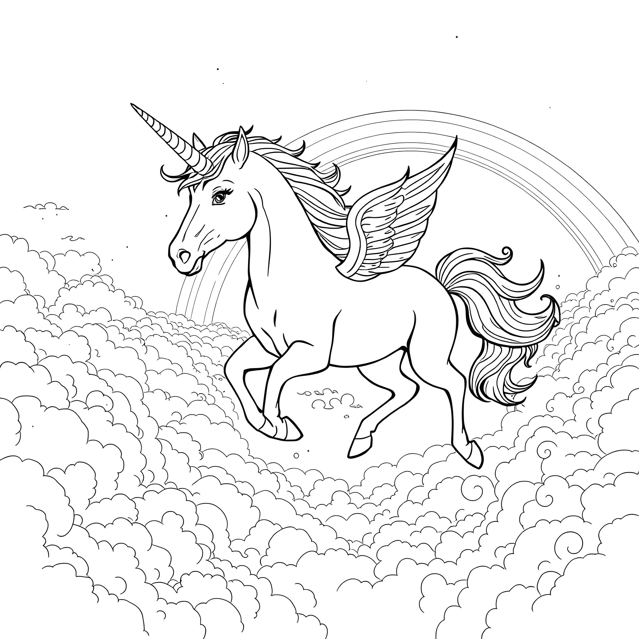 Unicorn flying through magical clouds and rainbow Coloring Page (free black-and-white line drawing printable PDF for all, from beginners to advanced learners, including children, teens, adults, and seniors)