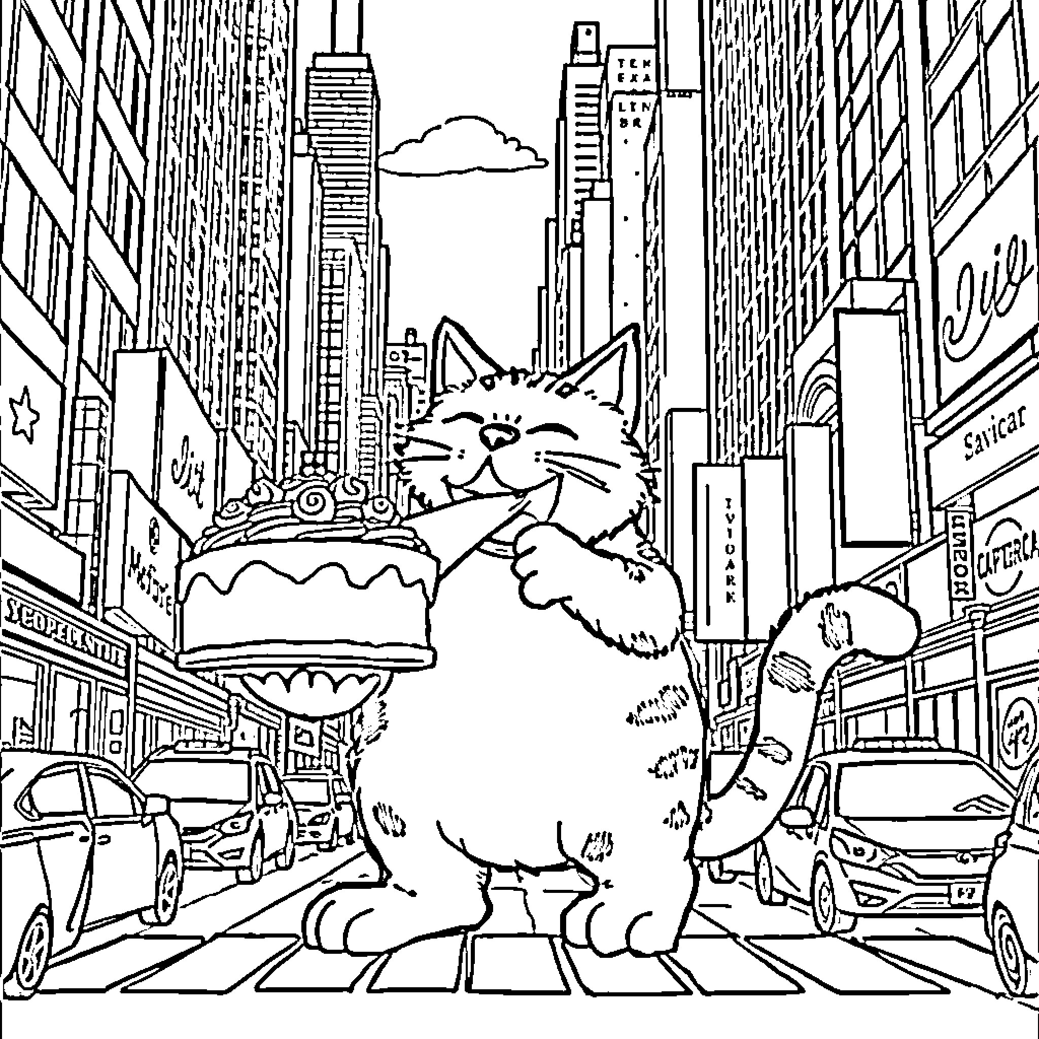 Cat exploring the bustling city streets Coloring Page (free black-and-white line drawing printable PDF for all, from beginners to advanced learners, including children, teens, adults, and seniors)